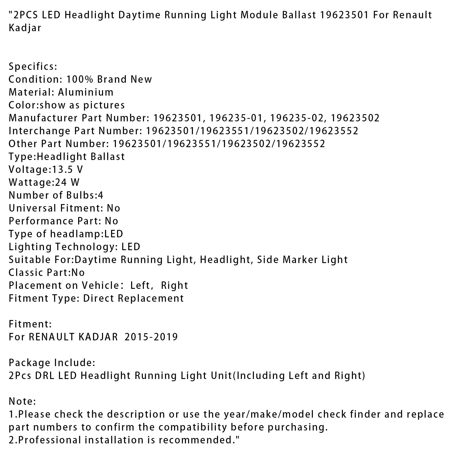 2PCS LED Headlight Daytime Running Light Module Ballast 19623501 For Renault