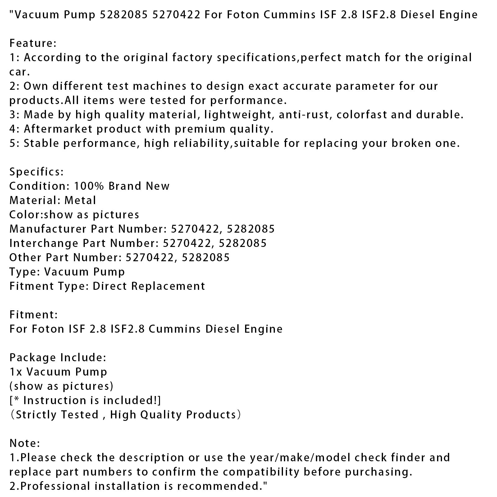 Foton Cummins ISF 2.8 ISF2.8 Diesel Engine Vacuum Pump 5282085 5270422