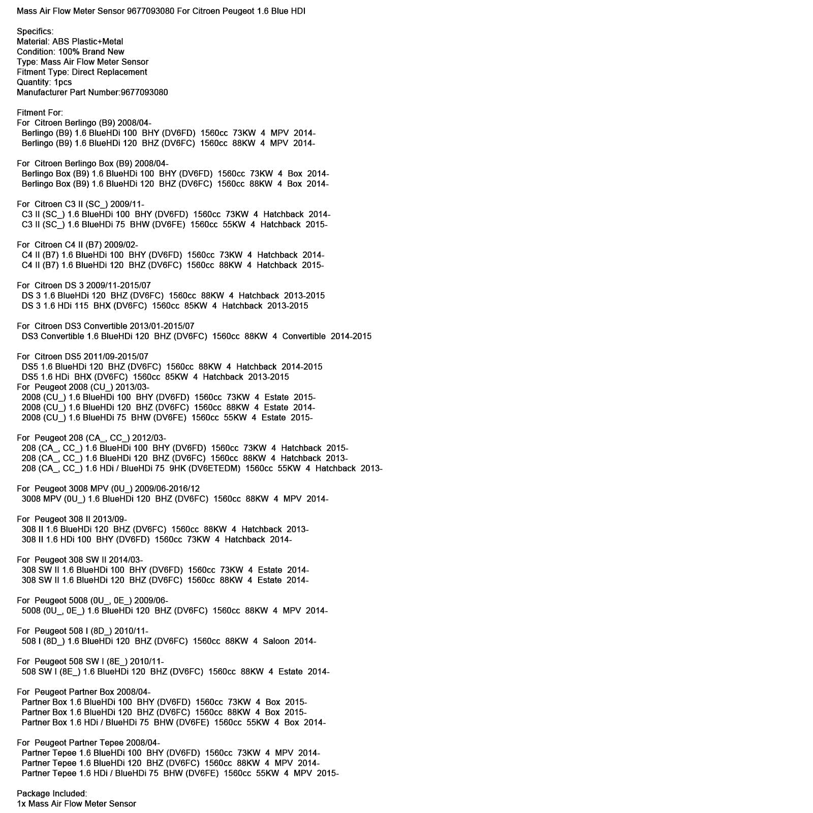 Mass Air Flow Meter Sensor 9677093080 For Citroen Peugeot 1.6 Blue HDI