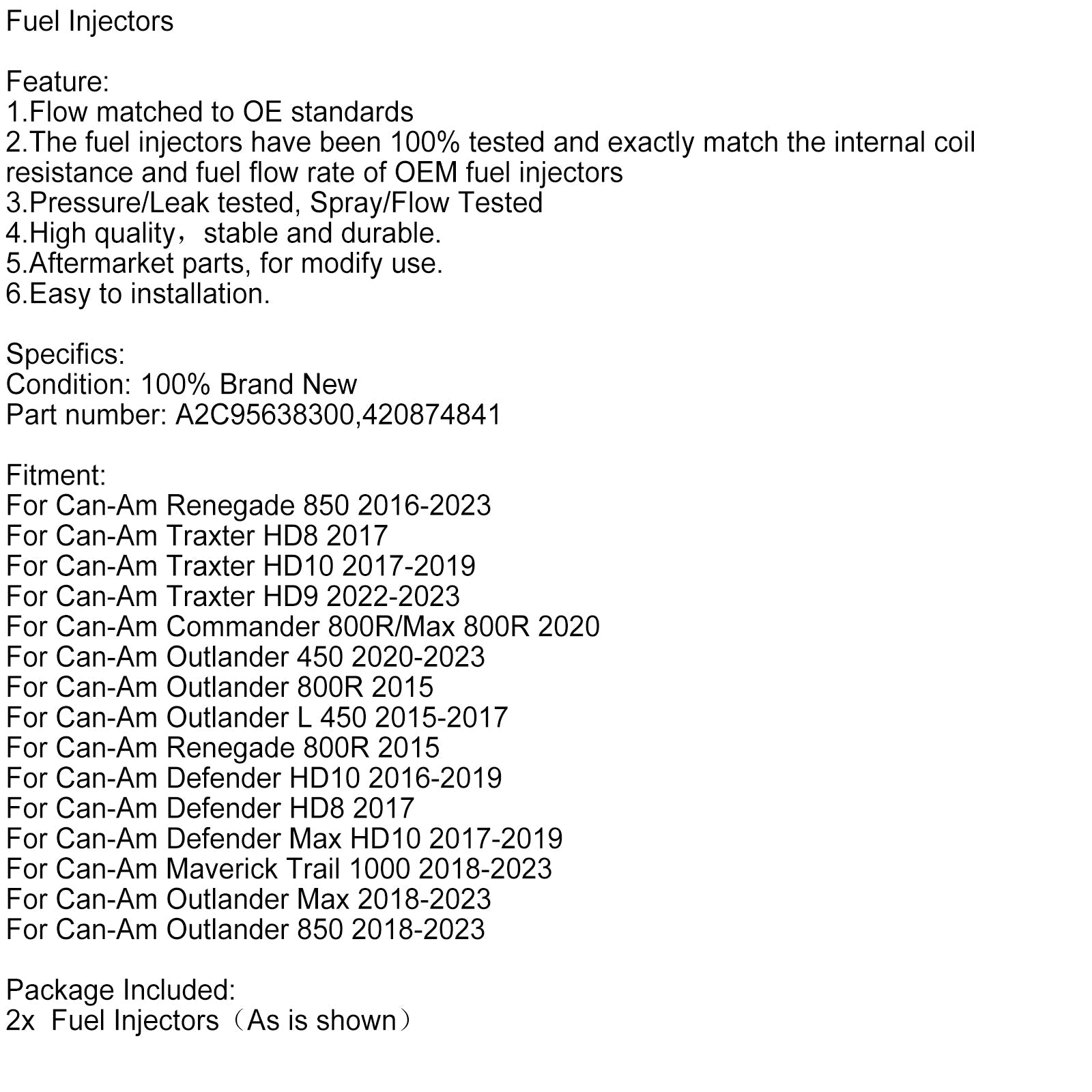 2PCS A2C95638300 연료 분사기 Can-Am Outlander 450 Renegade 850에 적합