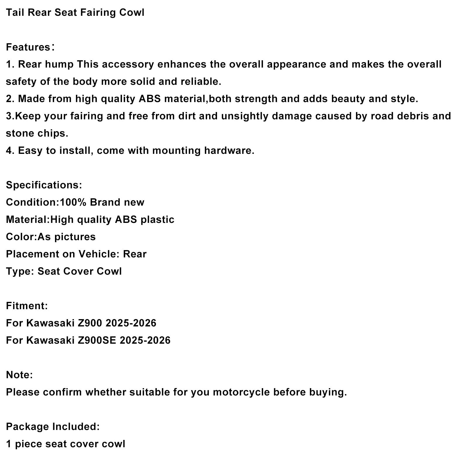 2025-2026 Kawasaki Z900 Z900SE Tail Rear Seat Fairing Cowl