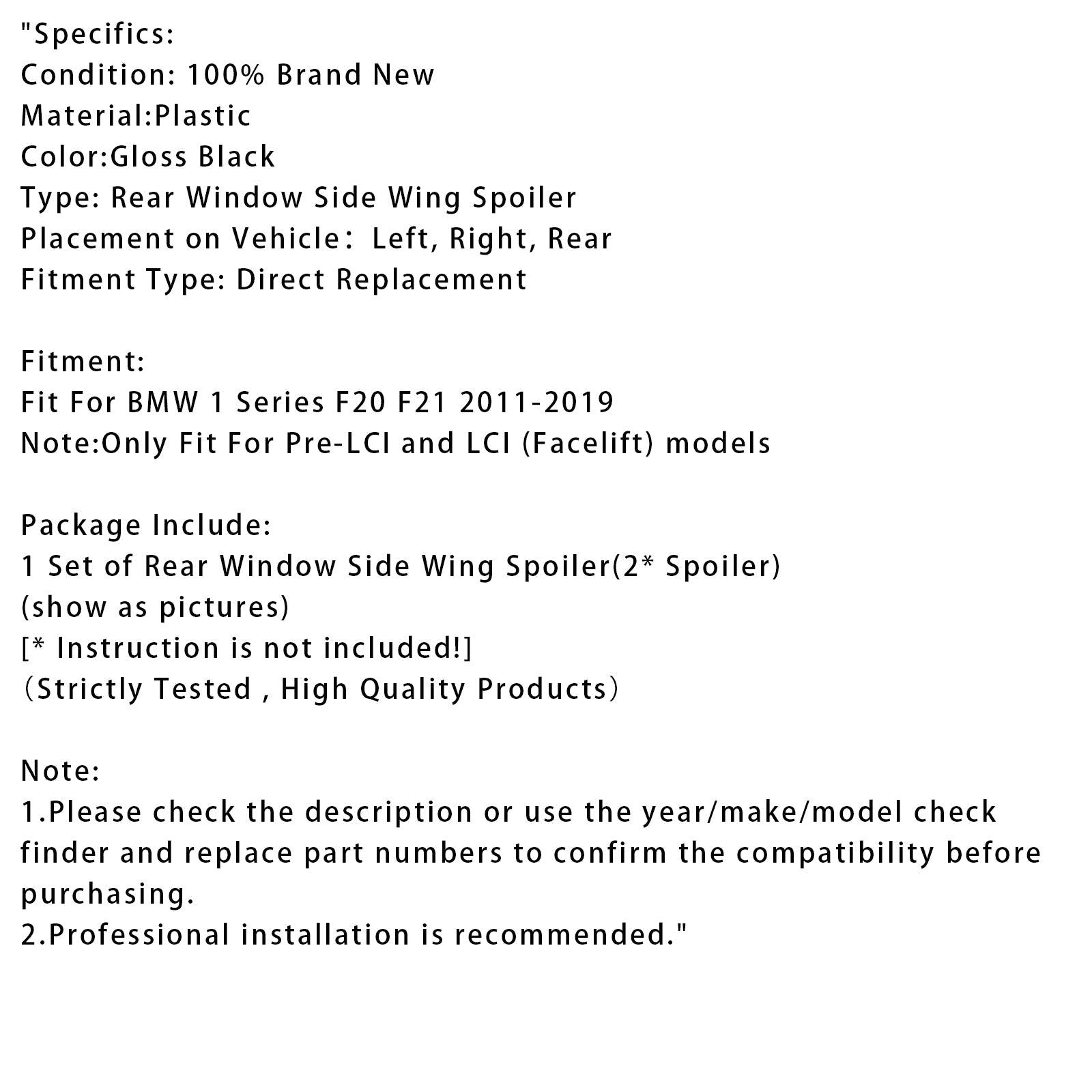 2012-2019 BMW 1 Series F20 F21 Gloss Black Pair Rear Window Side Wing Spoiler