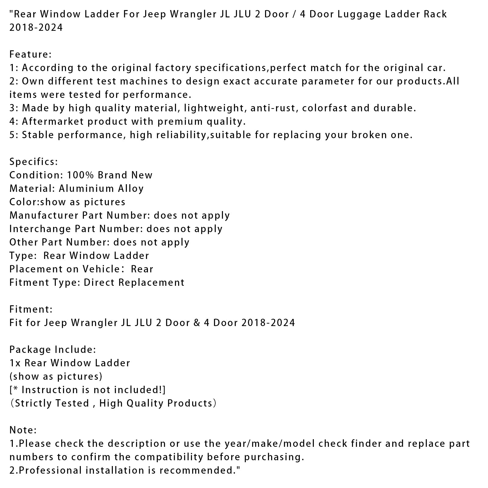 2018-2024 Jeep Wrangler JL JLU 2 Door & 4 Door Rear Window Ladder