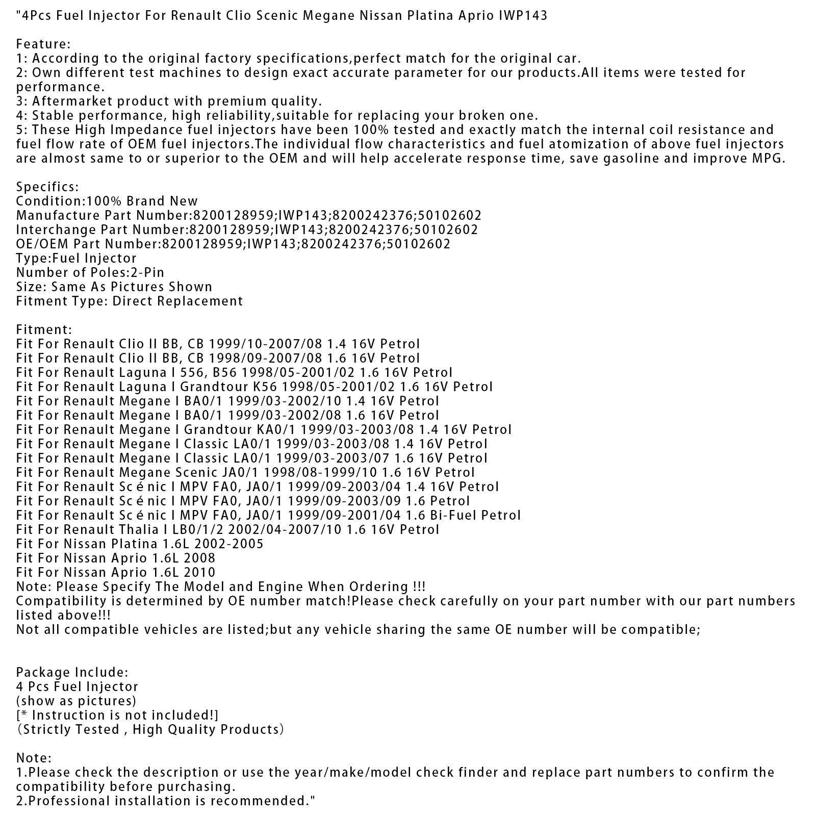 4Pcs Fuel Injector For Renault Clio Scenic Megane Nissan Platina Aprio IWP143