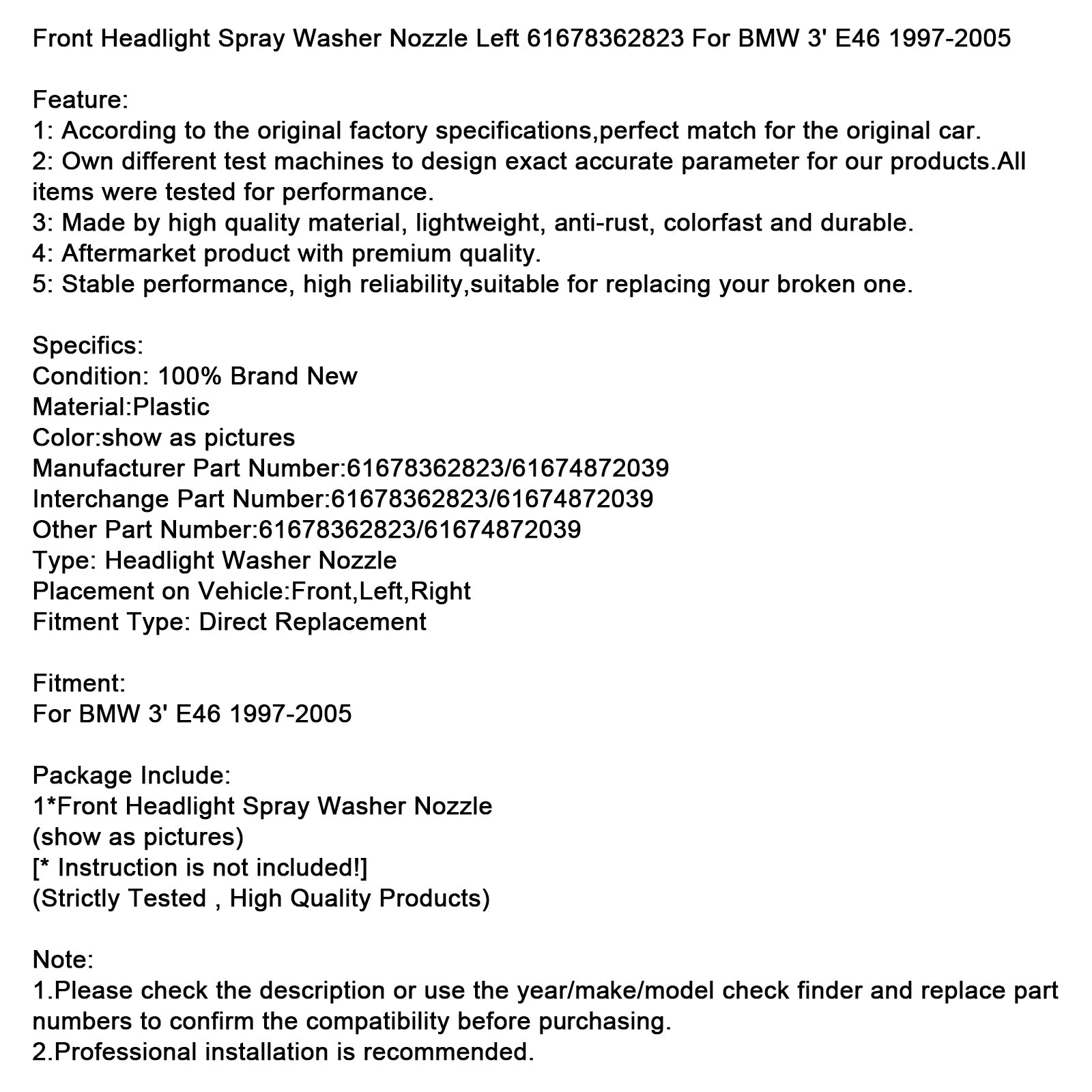 1997-2005 BMW 3' E46 Front Headlight Spray Washer Nozzle Left 61678362823