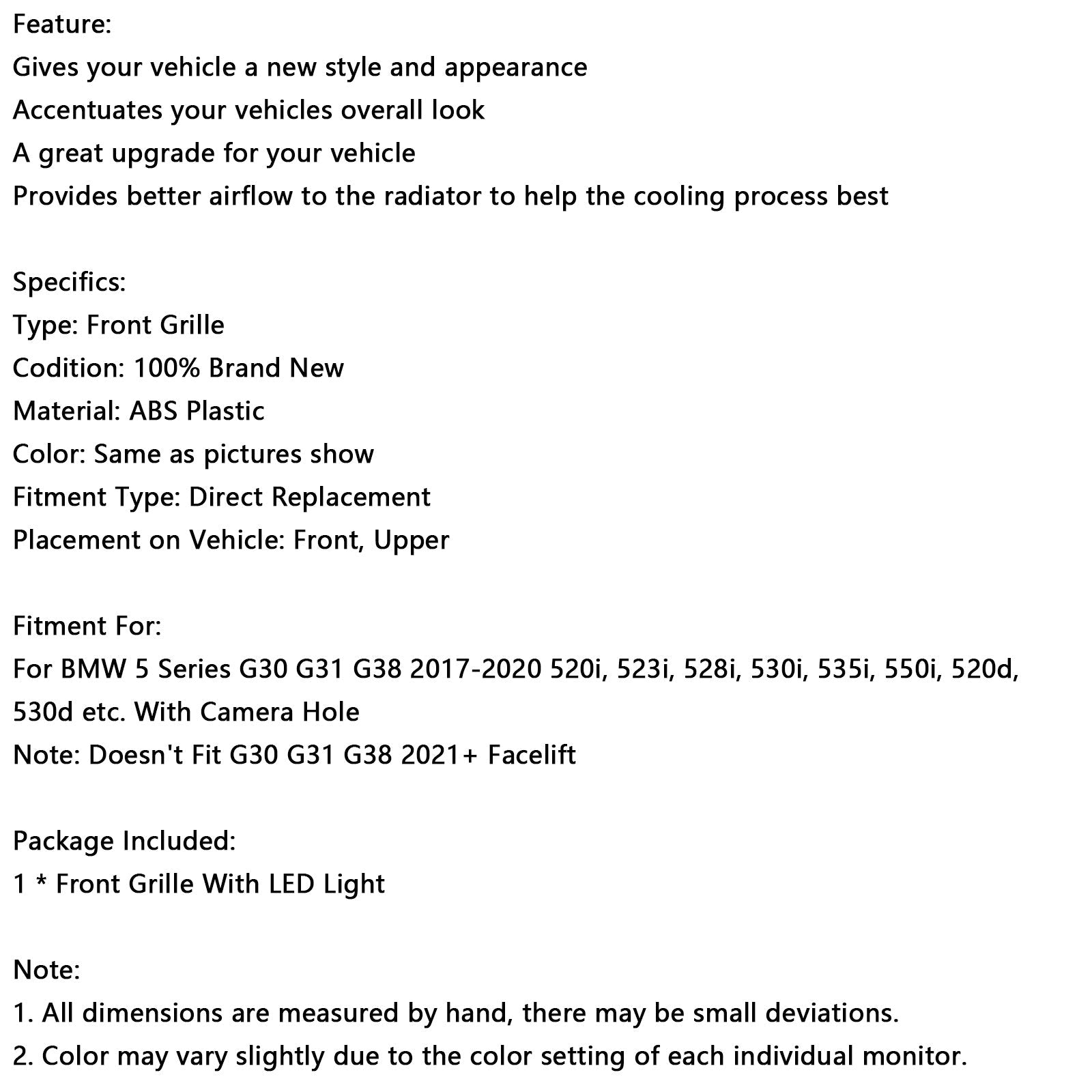 Double Slat Front Kidney Grille Fit BMW 5 Series G30 G31 2017-2020 Gloss Black