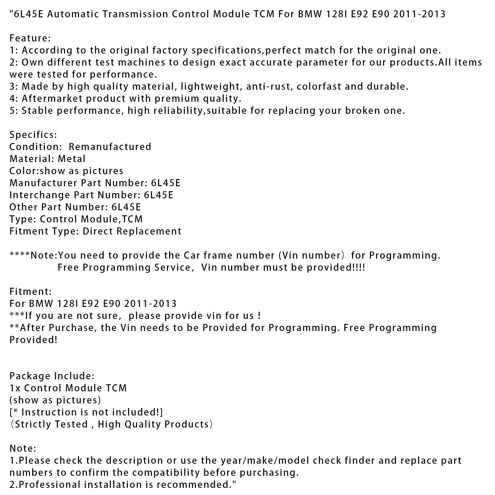 2011-2013 BMW 128I E92 E90 6L45E Automatic Transmission Control Module TCM