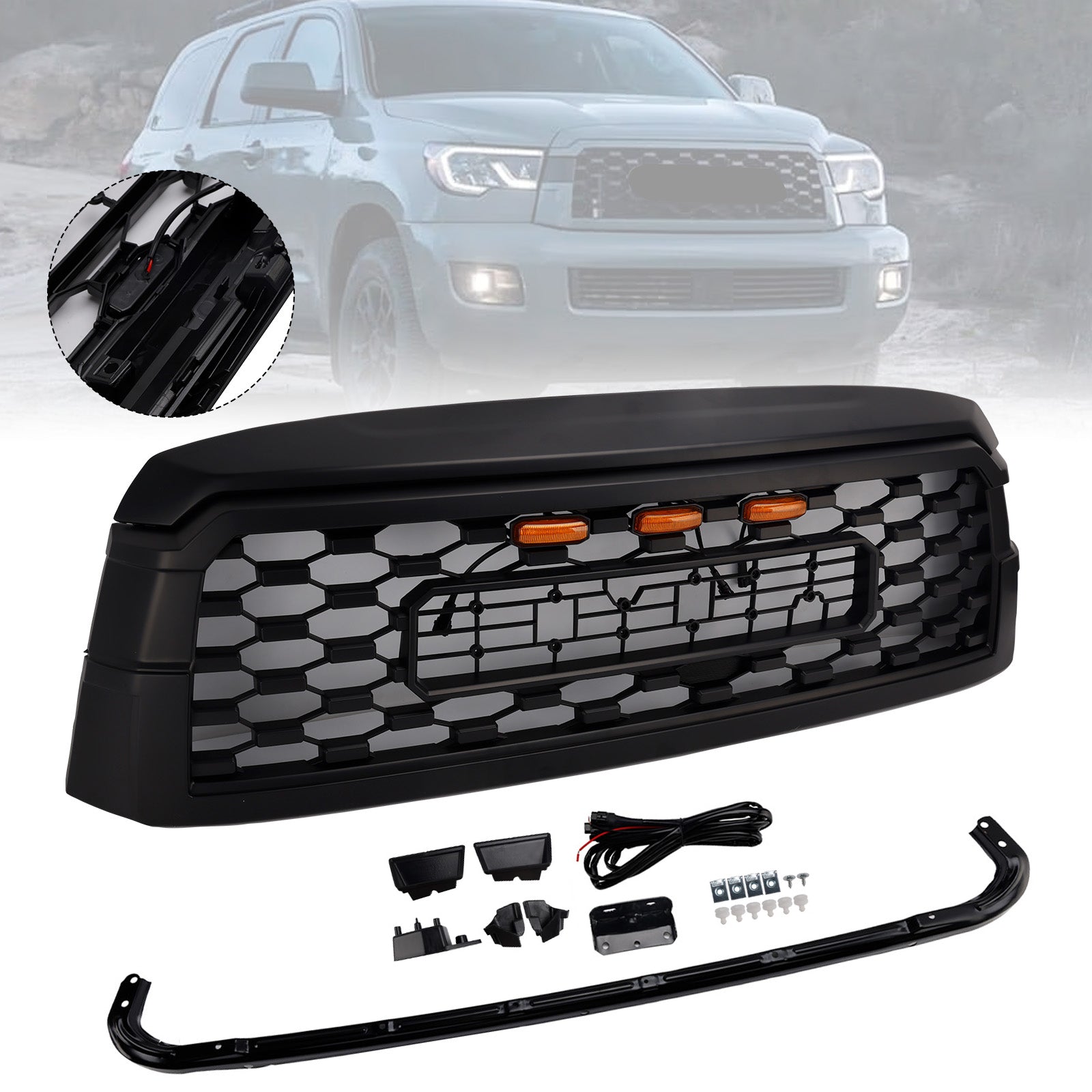 2019-2021 Toyota Sequoia W/ Led Light Black Front Bumper Grille Grill