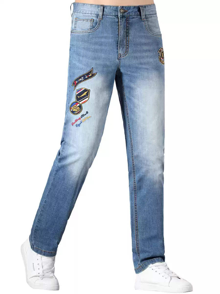 Bruce & Shark Men's Trendy Embroidered Straight-leg Jeans 2025 Summer New Loose-fit Pants Large Size Thin Trousers