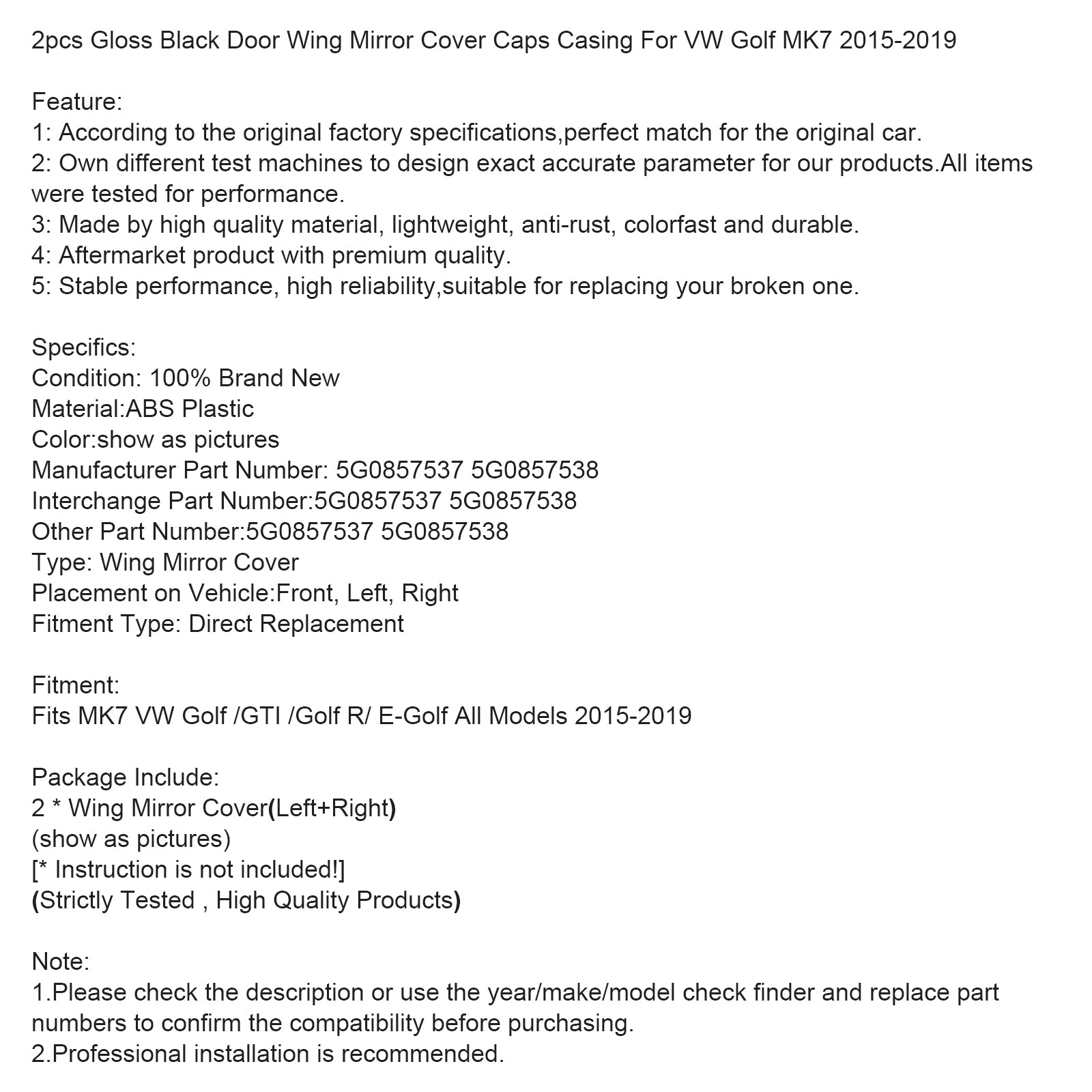 2015-2019 MK7 VW Golf /GTI /Golf R/ E-Golf 2pcs Gloss Black Door Wing Mirror Cover Caps Casing 5G0857537