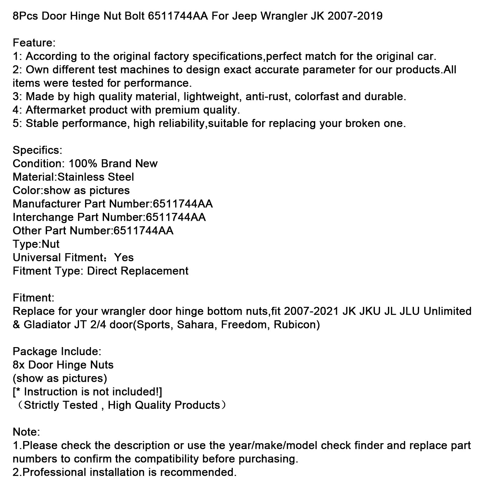 8Pcs Door Hinge Nut Bolt 6511744AA For Jeep Wrangler JK 2007-2019