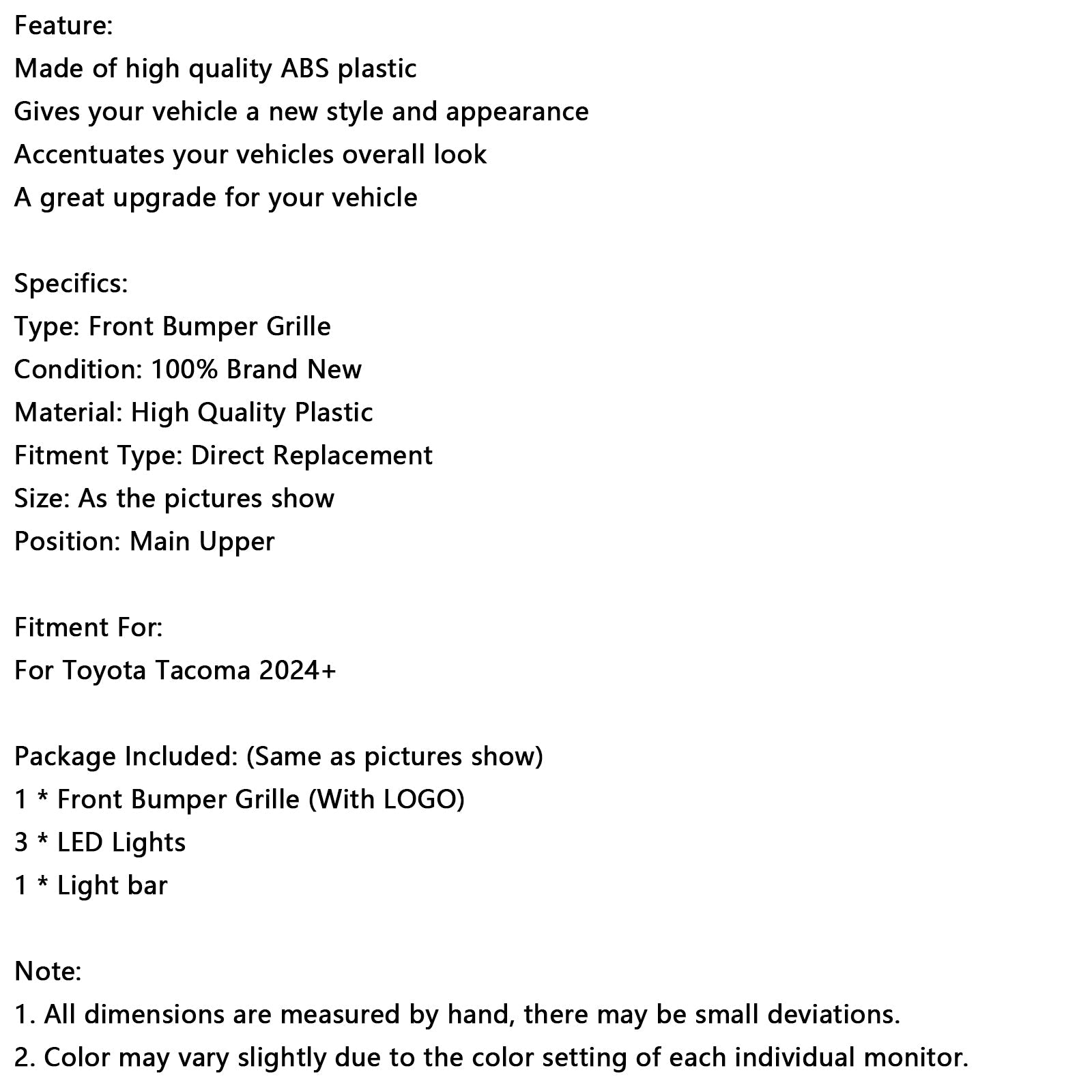 2024+ Toyota Tacoma With Led & Light Bar Black Front Bumper Grill Grille