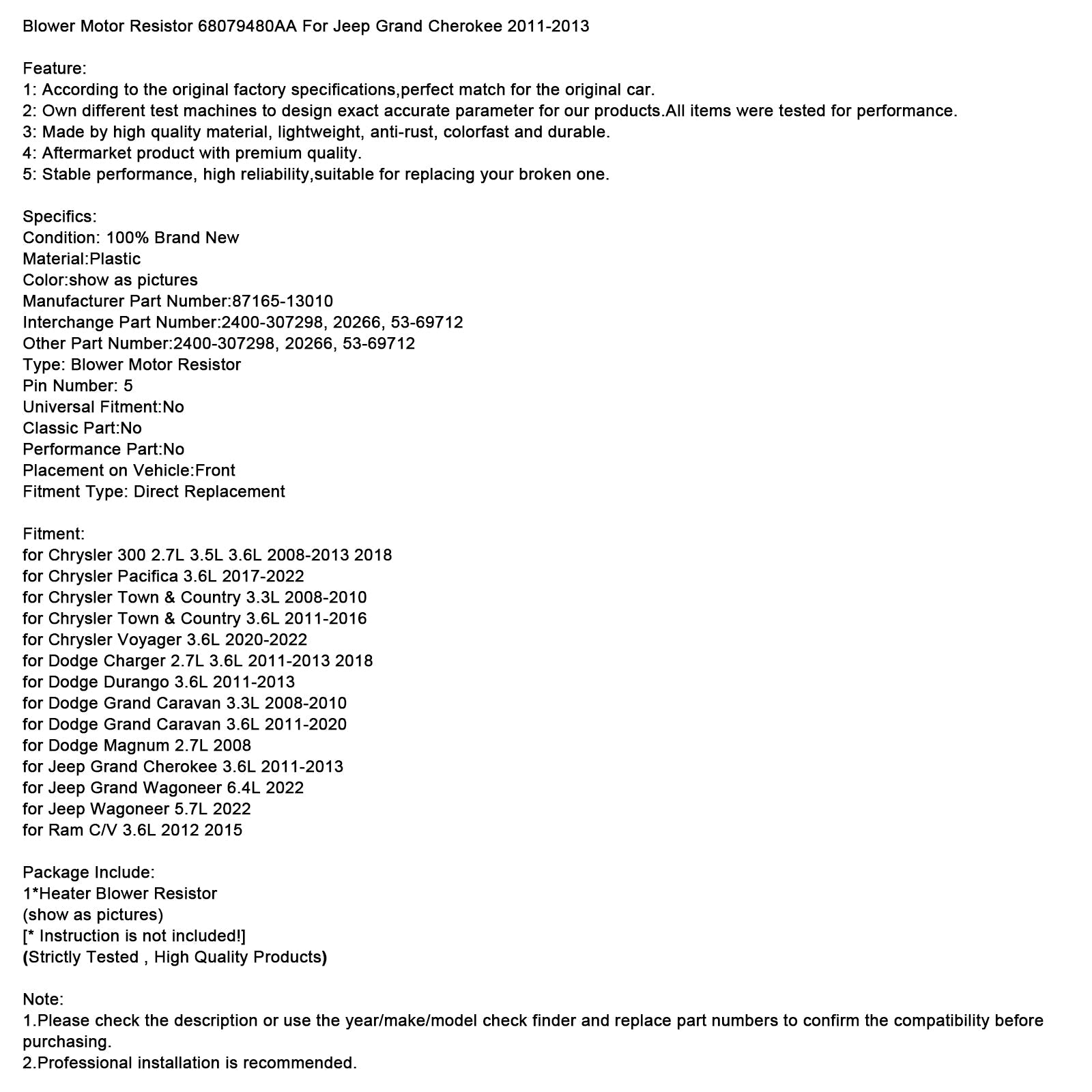 Blower Motor Resistor 68079480AA For Jeep Grand Cherokee 2011-2013