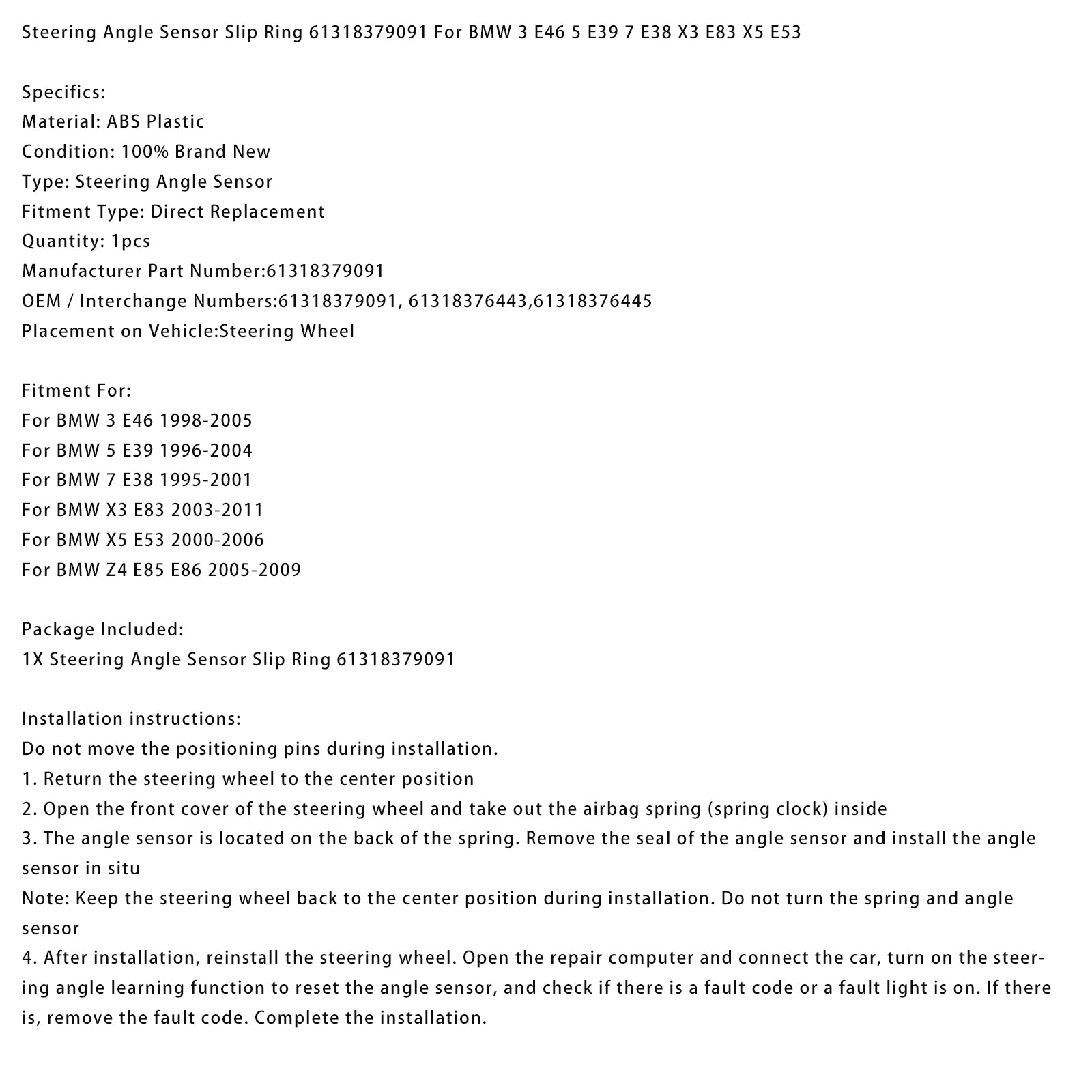 Steering Angle Sensor Slip Ring 61318379091 For BMW 3 E46 5 E39 7 E38 X3 E83 X5 E53
