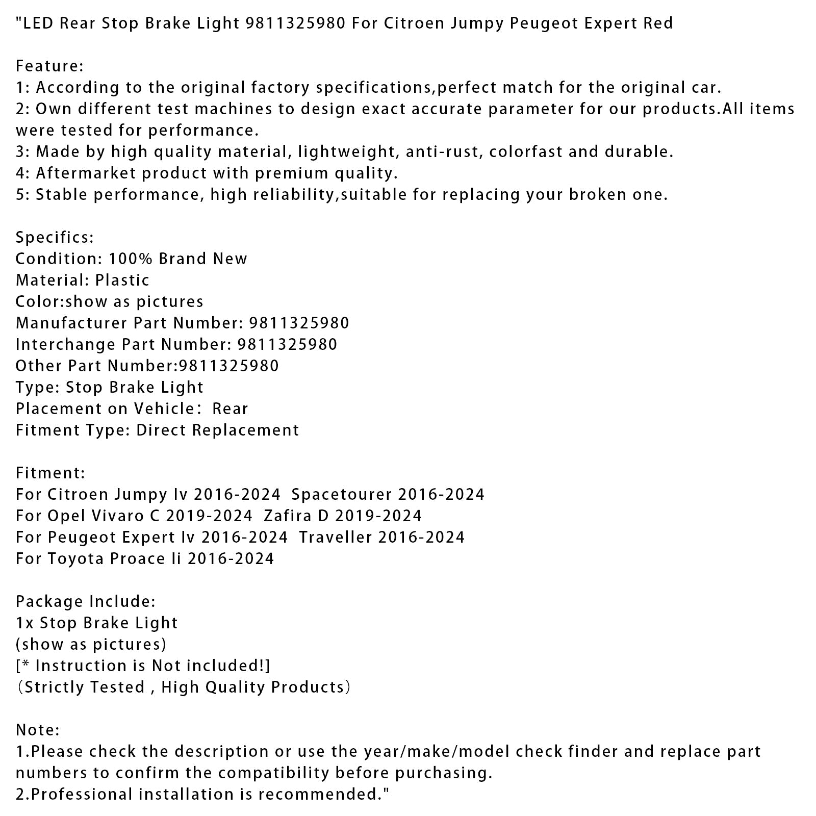 LED Rear Stop Brake Light 9811325980 For Citroen Jumpy Peugeot Expert Red