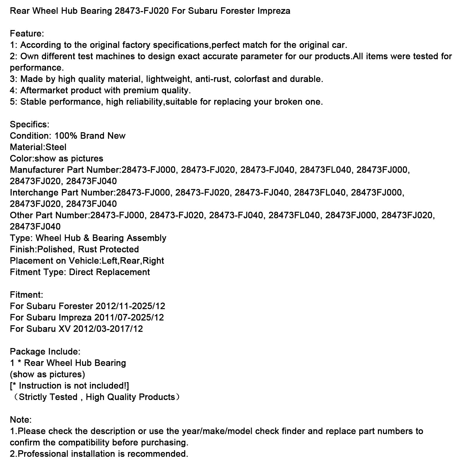 Rear Wheel Hub Bearing 28473-FJ020 Fit For Subaru Forester Impreza
