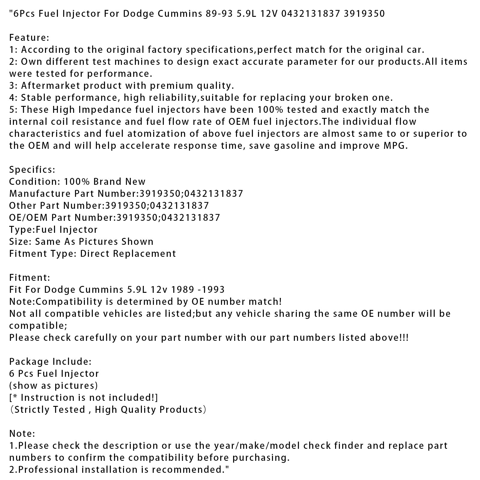 1989-2993 Dodge D250 D350 Cummins 5.9L 12V 6Pcs Fuel Injector 0432131837 3919350