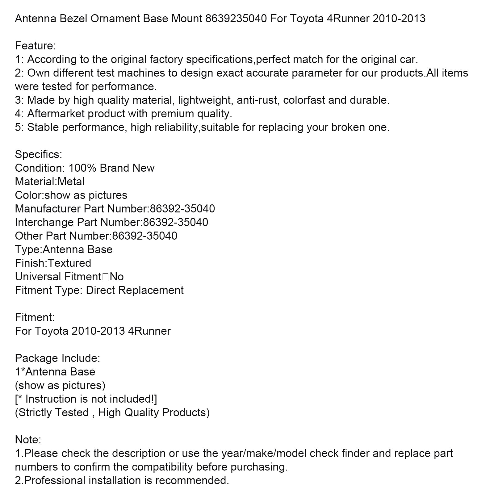 2010-2013 Toyota 4Runner Antenna Bezel Ornament Base Mount 8639235040