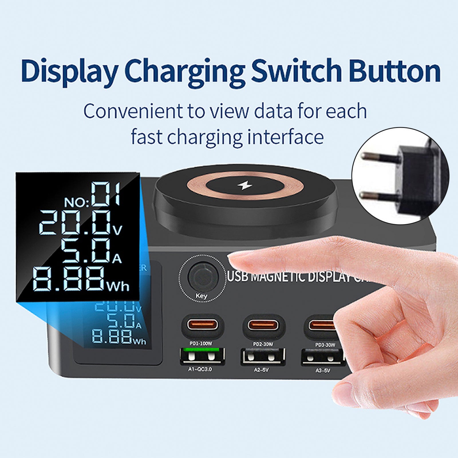 140W Fast Charging Charger Intelligent Digital Display PD100W Mobile Phone Notebook Magnetic Wireless Charging Multi-Port USB Charger EU Plug