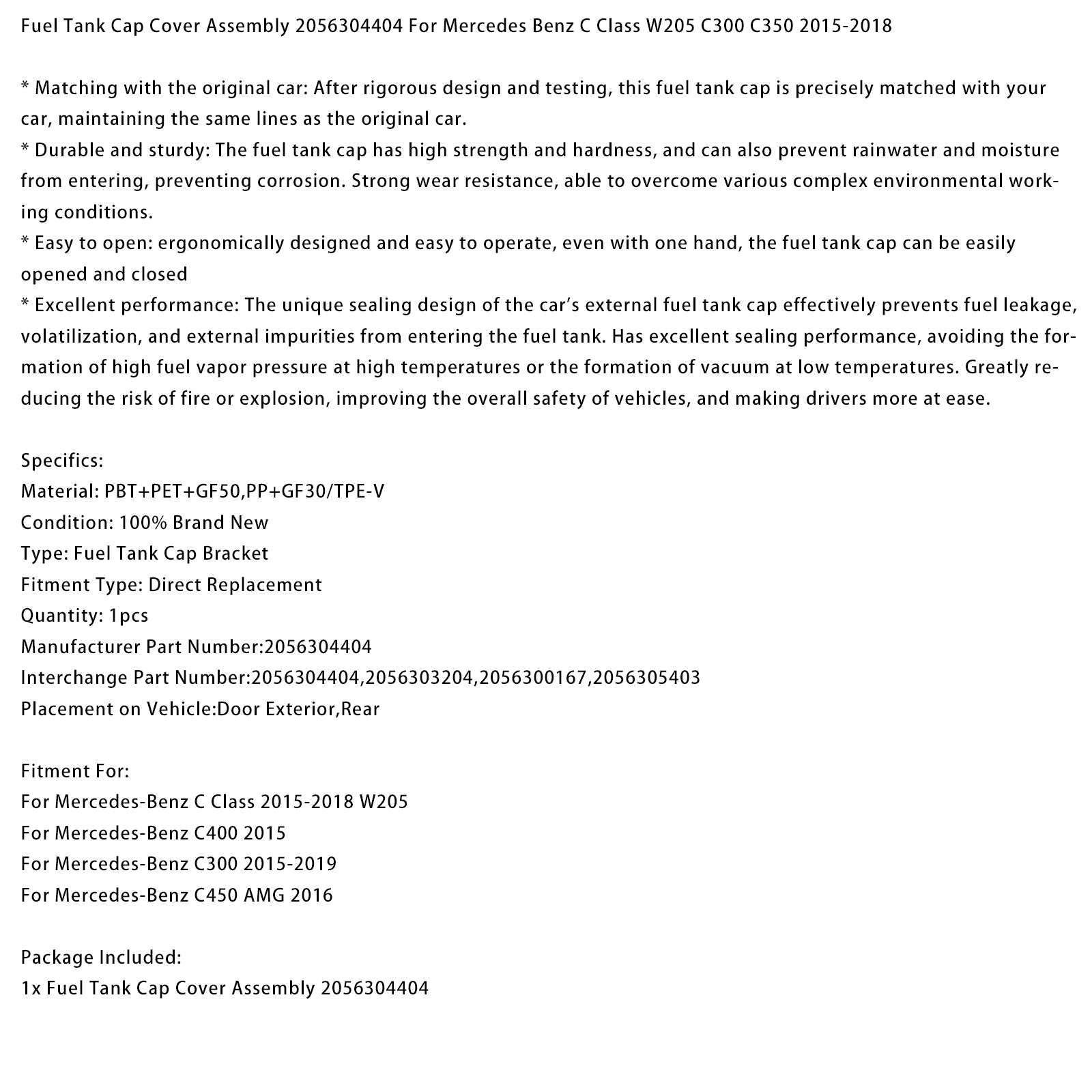 2015 Mercedes-Benz C400 Fuel Tank Cap Bracket Assembly 2056304404 2056300167 2056305403