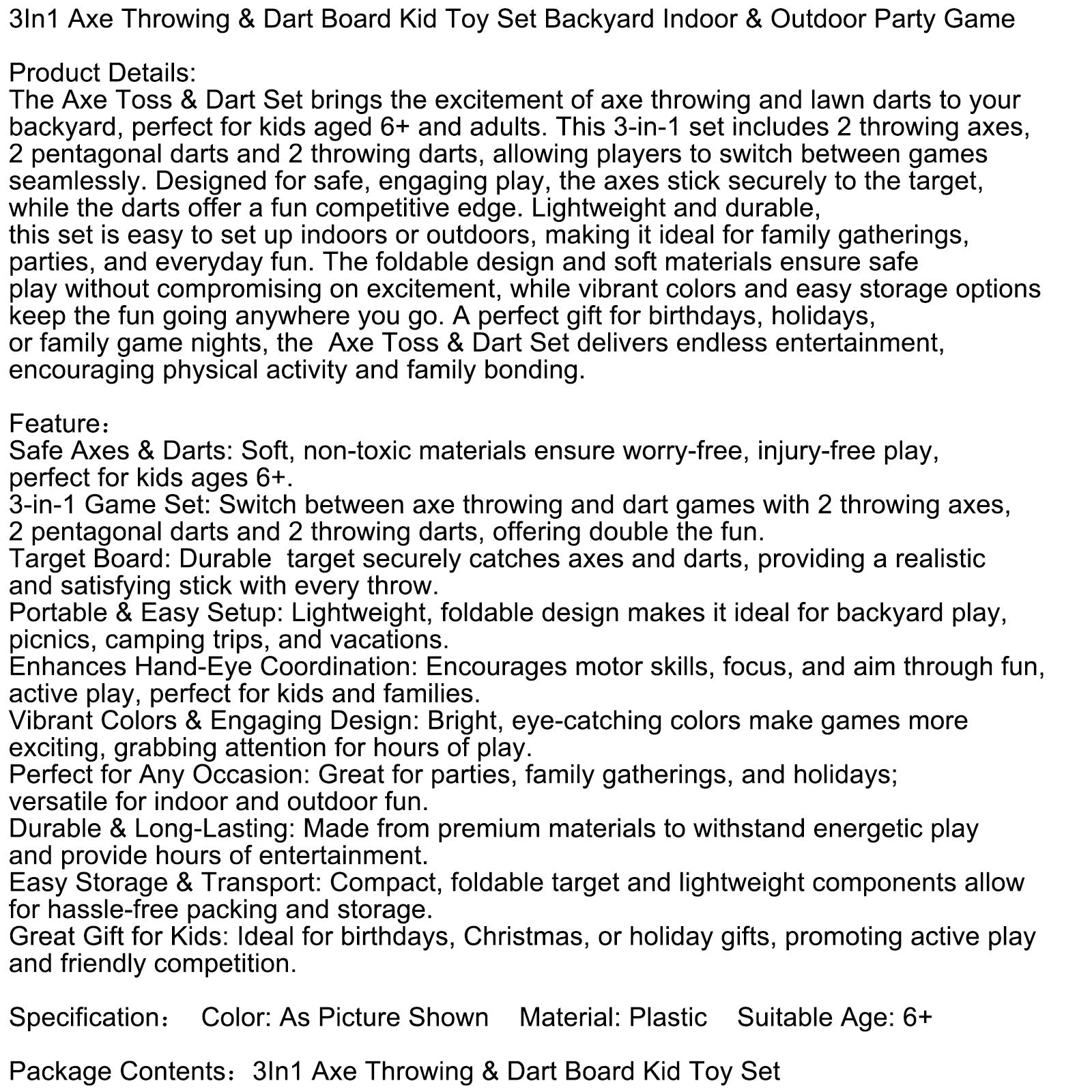 3In1 Axe Throwing & Dart Board Kid Toy Set Backyard Indoor & Outdoor Party Game