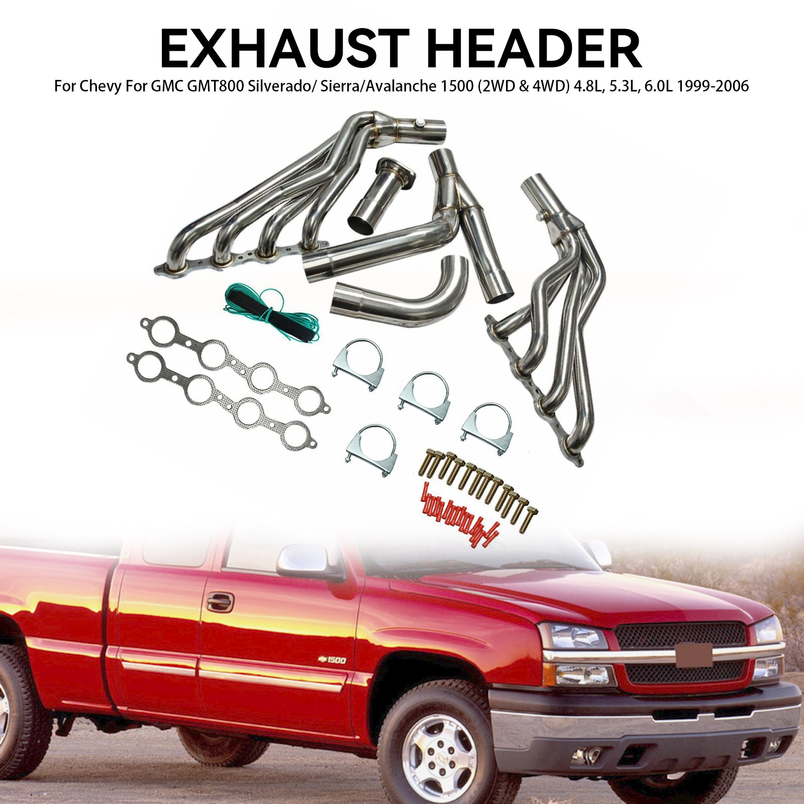Exhaust Header fit Chevy GMT800 Silverado/Sierra 1500 2WD/4WD 4.8 5.3 6.0 99-06