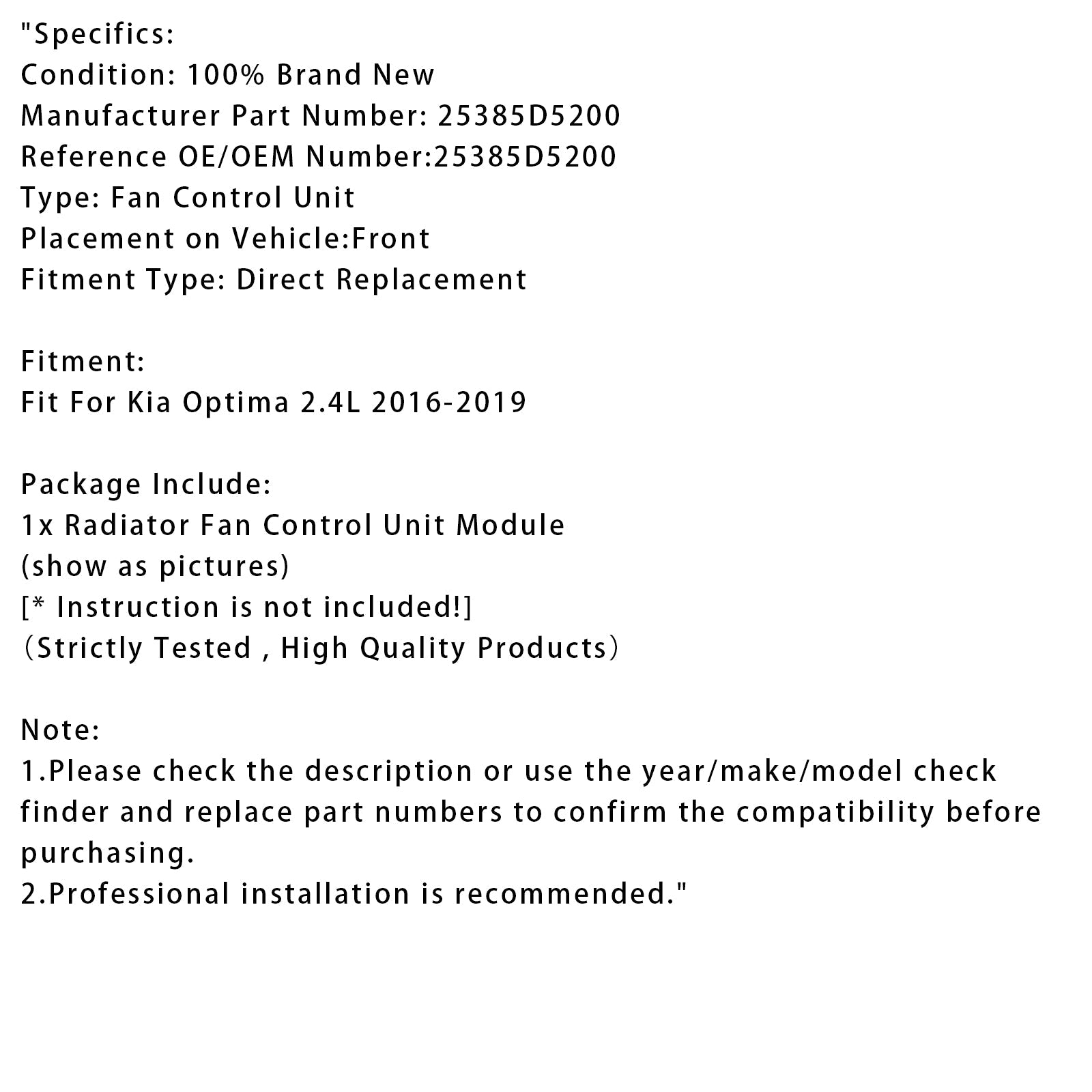 2016-2019 Kia Optima 2.4L Radiator Fan Control Module 25385D5200