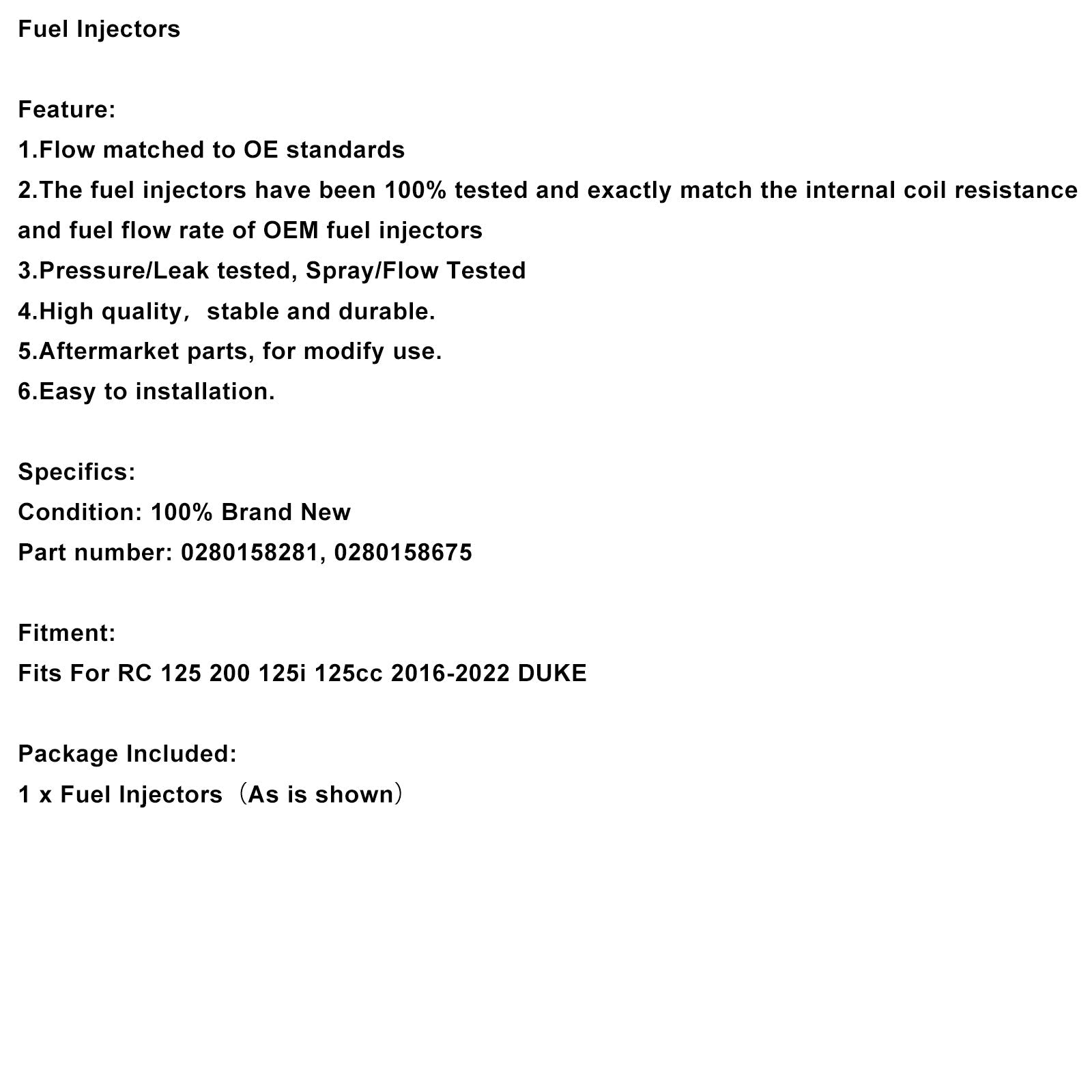 2016-2022 RC 125 200 125i 125cc DUKE Fuel Injectors Fit for 0280158281