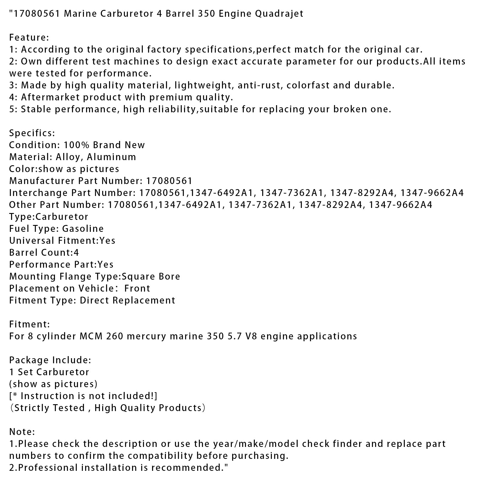 17080561 Marine Carburetor 4 Barrel 350 Engine