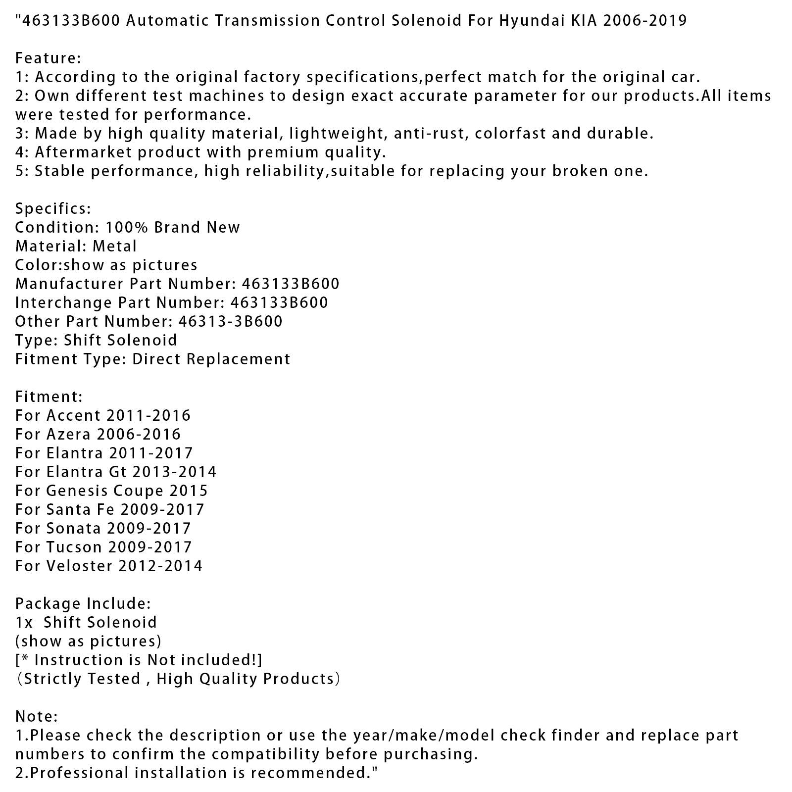 463133B600 Automatic Transmission Control Solenoid For Hyundai KIA 2006-2019