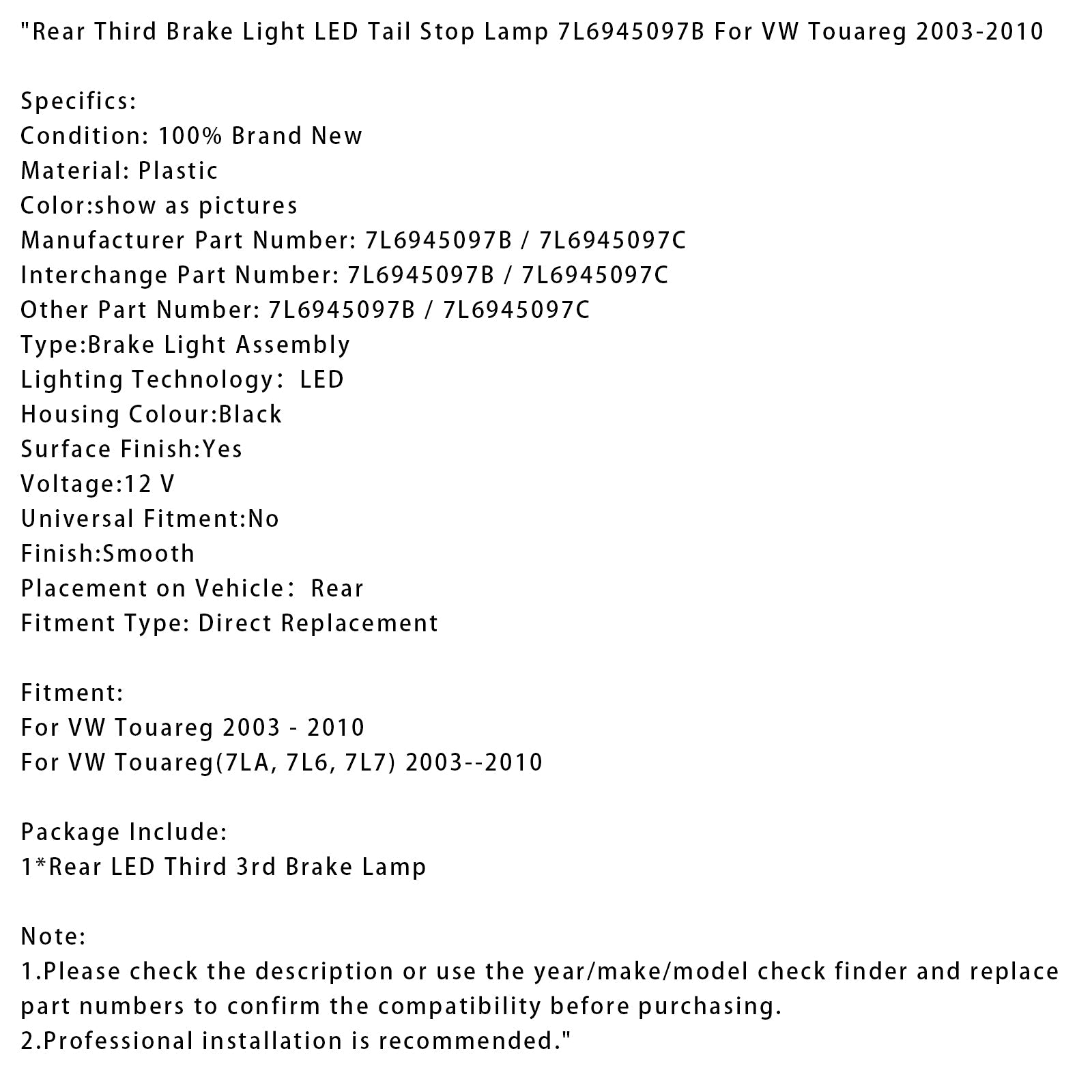 Rear Third Brake Light LED Tail Stop Lamp 7L6945097B For VW Touareg 2003-2010