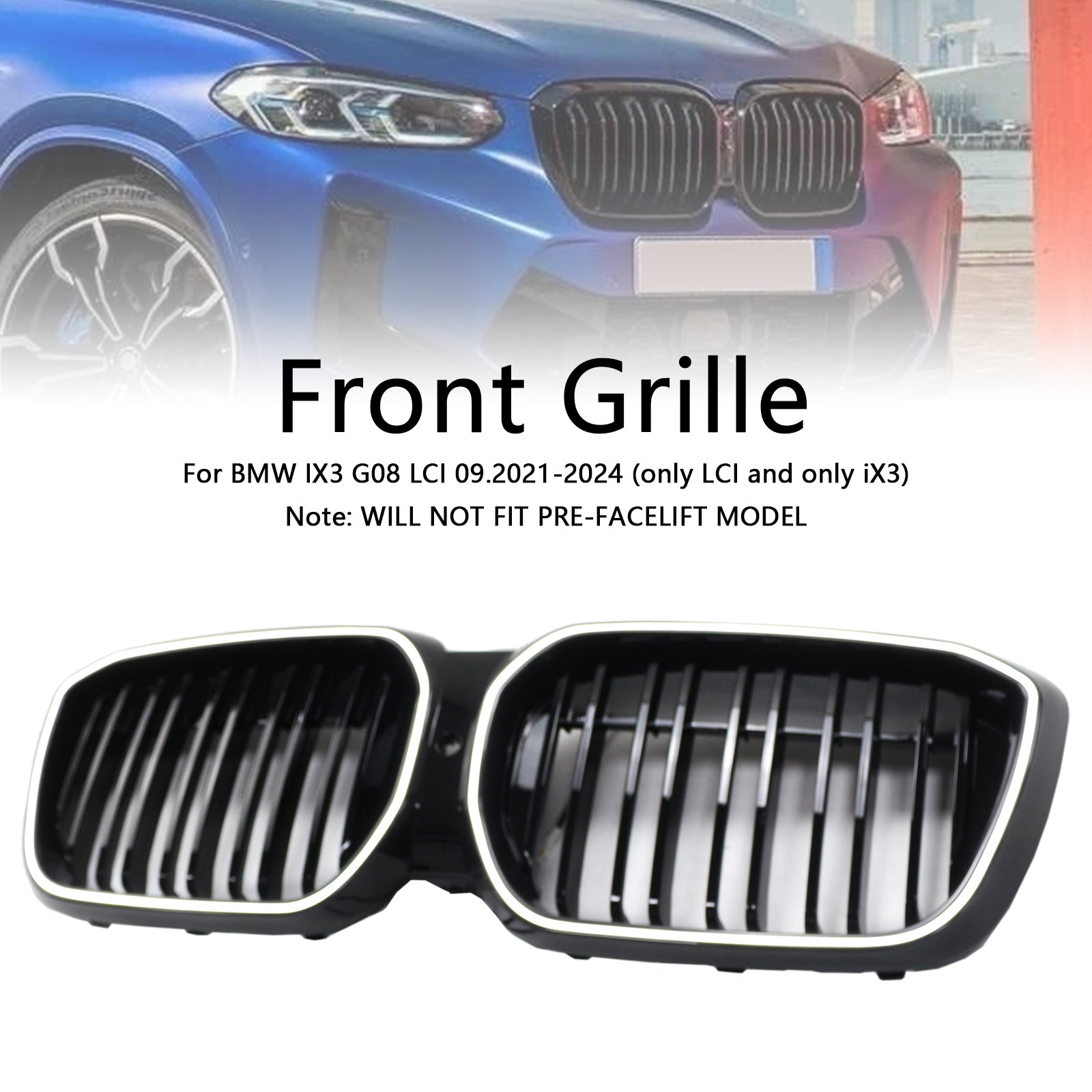 Double Slat Black Front Kidney Grill Grille Fit BMW IX3 G08 LCI 2022-2024