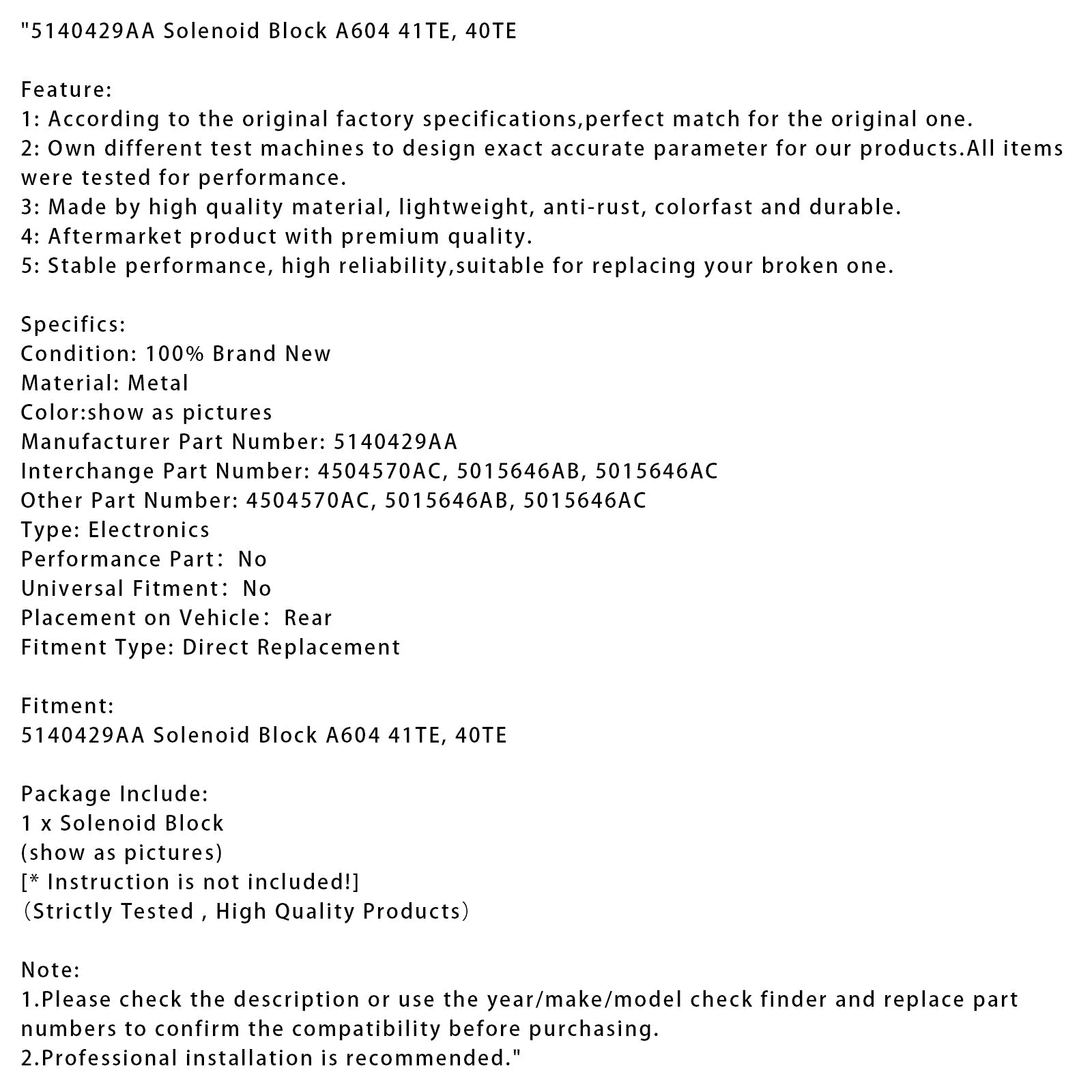 5140429AA Solenoid Block A604 41TE 40TE