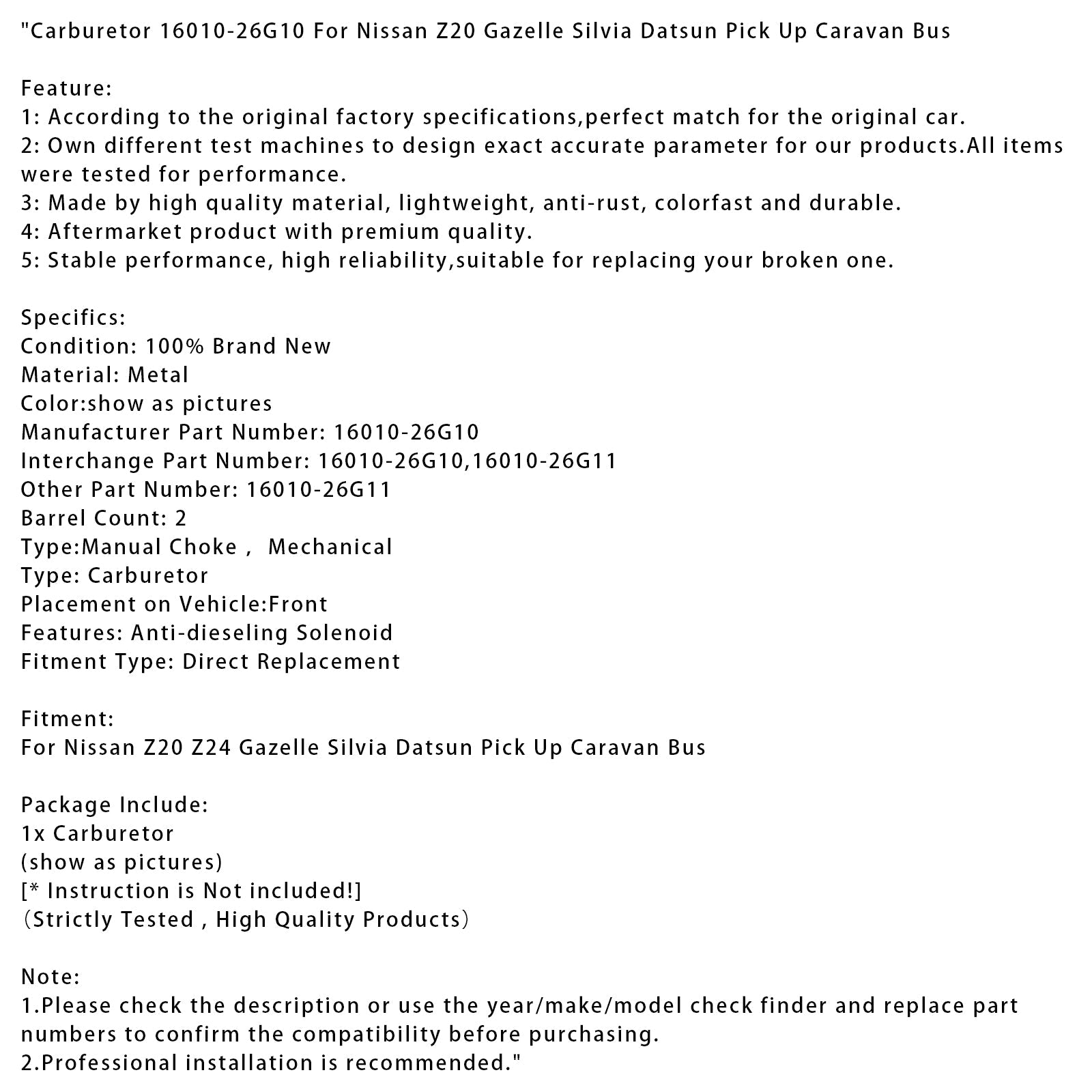 Nissan Z20 Gazelle Silvia Datsun Pick Up Caravan Bus Carburetor 16010-26G10