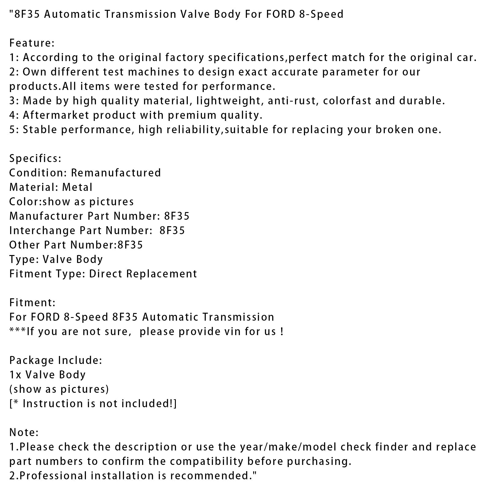 FORD 8-Speed Mechanical Model 8F35 Automatic Transmission Valve Body