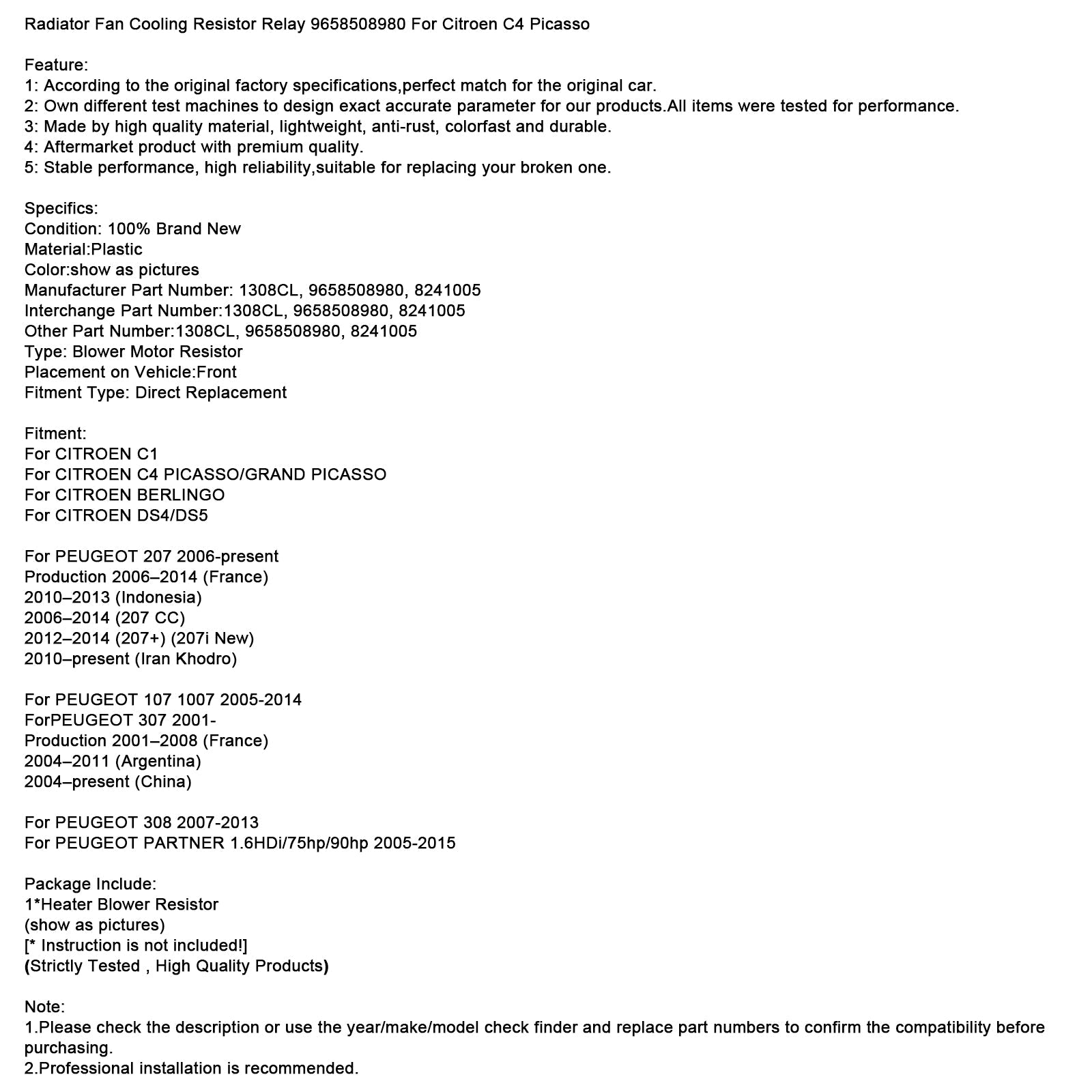 Radiator Fan Cooling Resistor Relay 9658508980 For Citroen C4 Picasso