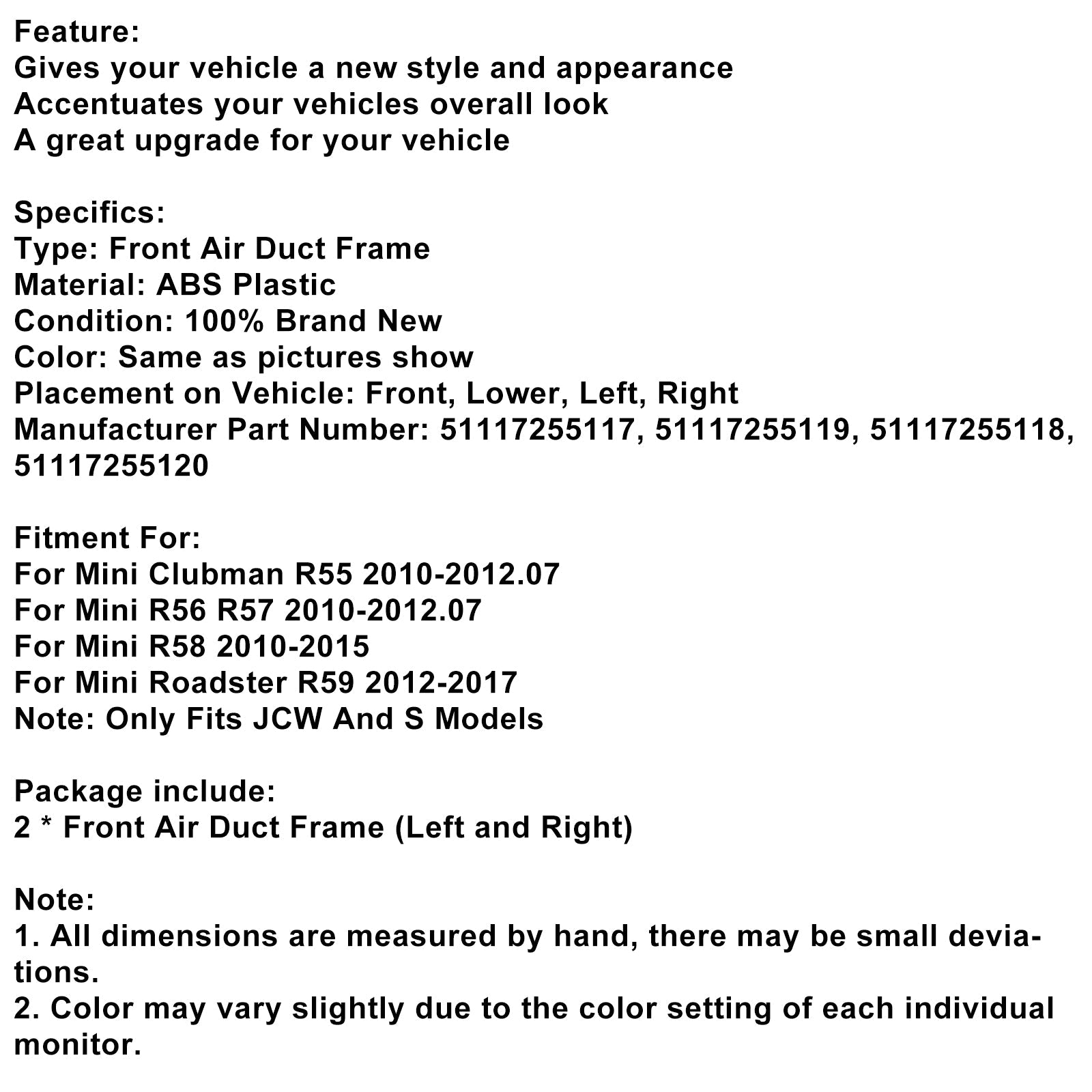 Gloss Black Front Air Duct Frame Fit for Mini R55 R56 R57 R58 R59 JCW S 51117255117 51117255119