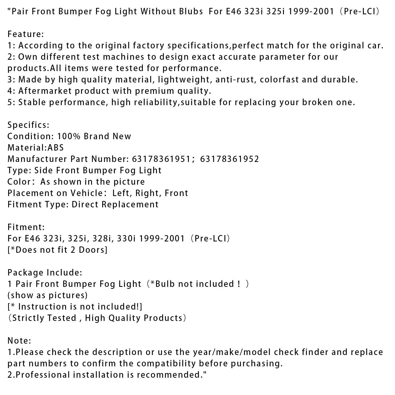 Pair Front Bumper Fog Light Without Blubs For E46 323i 325i 1998-2001(Pre-LCI)