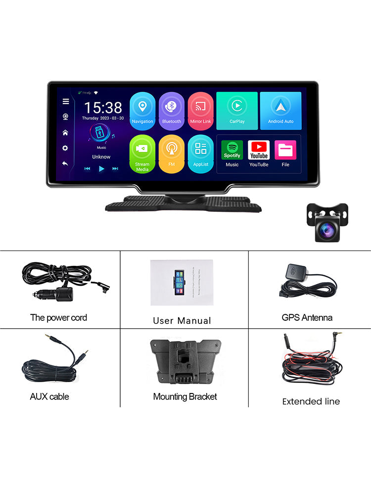 10.26" Portable Bluetooth Car Navigation Carplay Wireless Car Radio + AHD Camera