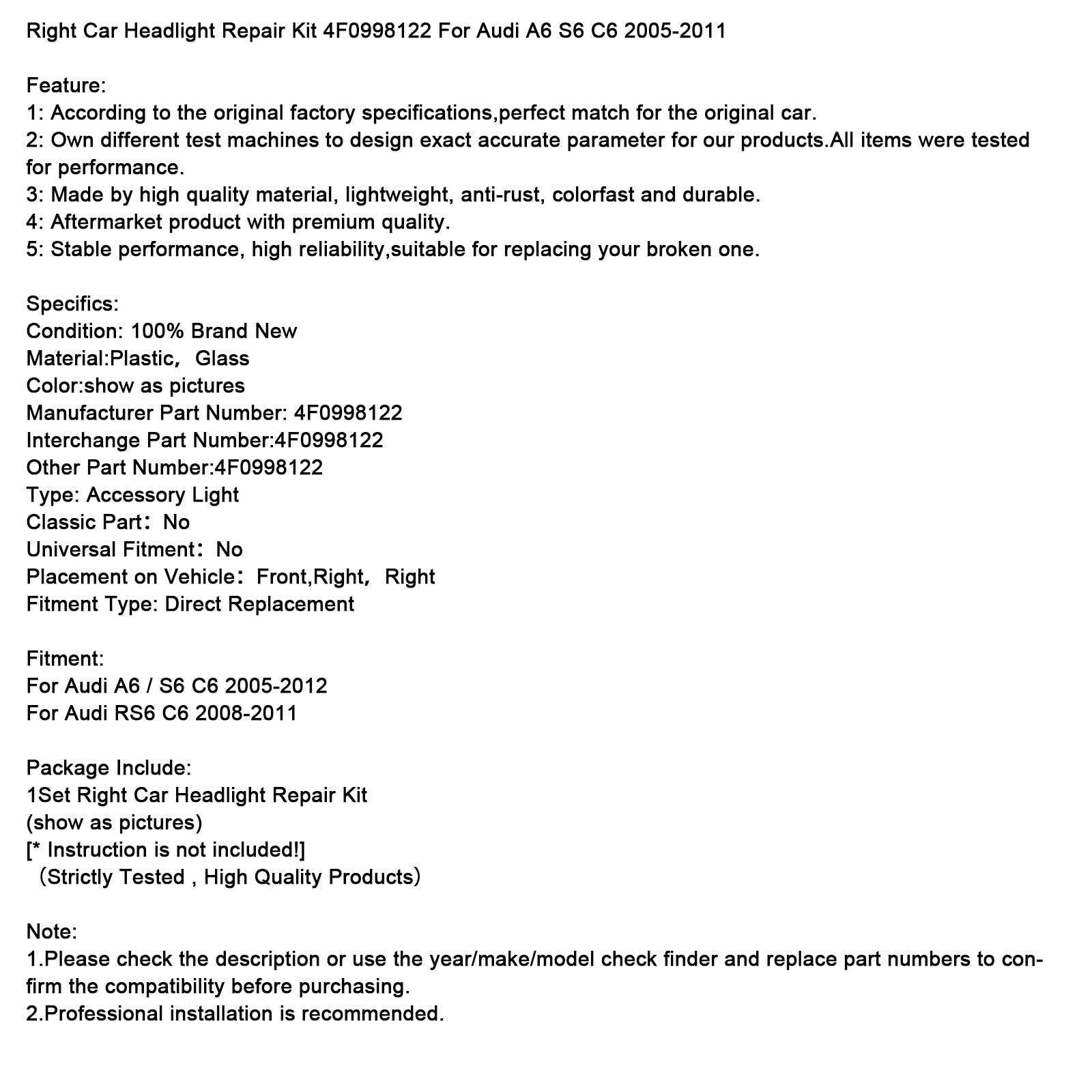 Right Car Headlight Repair Kit 4F0998122 For Audi A6 S6 C6 2005-2011