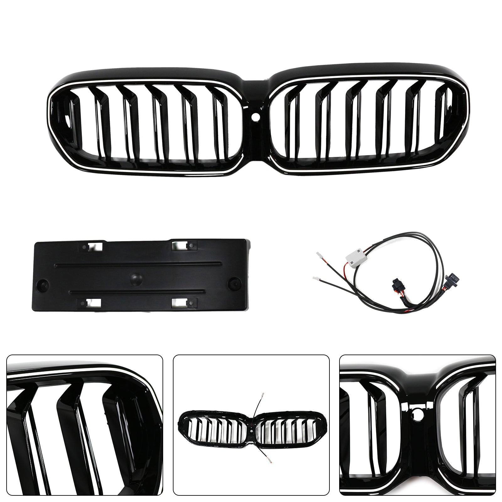 Double Slat Front Kidney Grille Fit BMW 5 Series G30 G38 2021-2024 Gloss Black