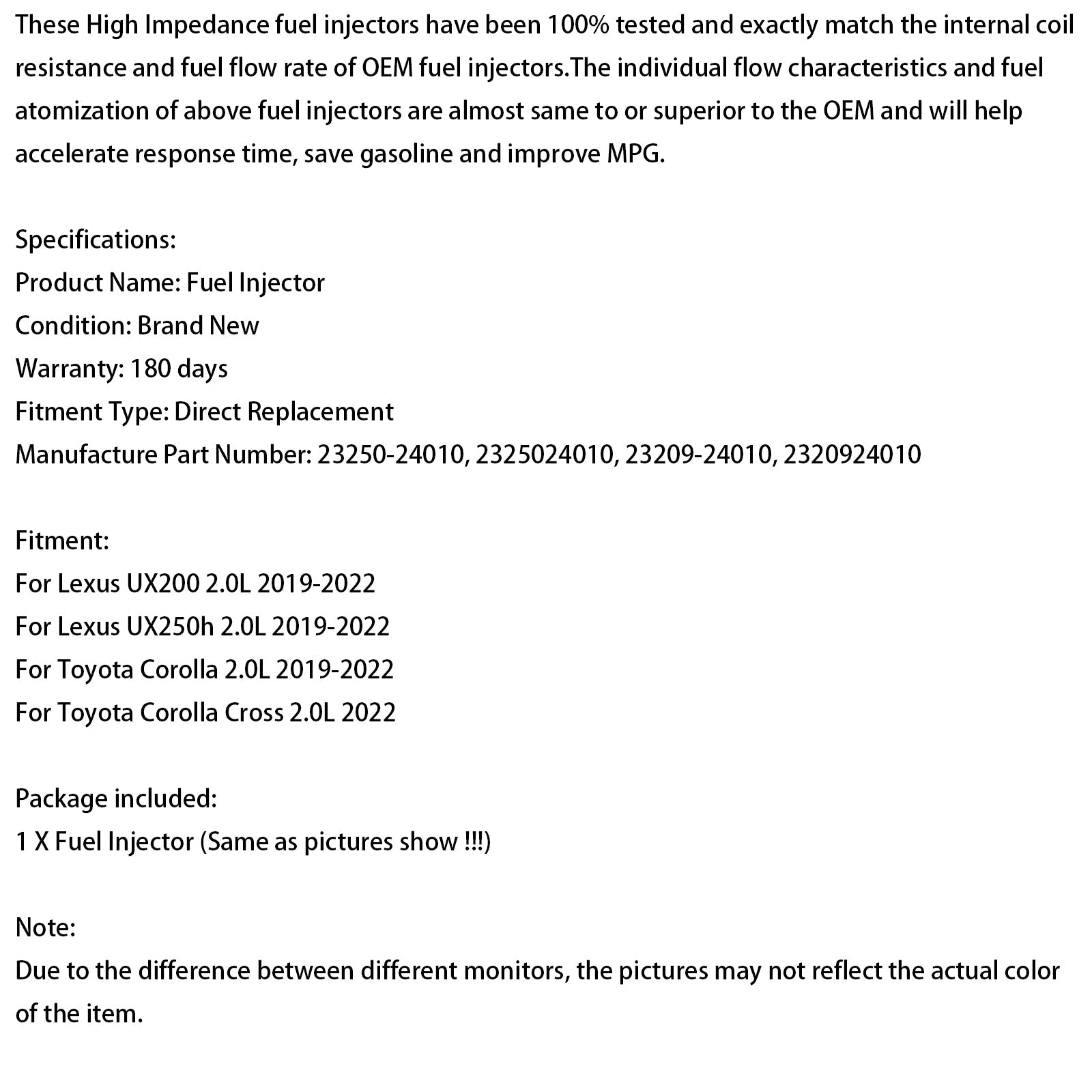 1PCS Fuel Injector 23250-24010 Fit Lexus UX200 UX250h Fit Corolla 2019-2022