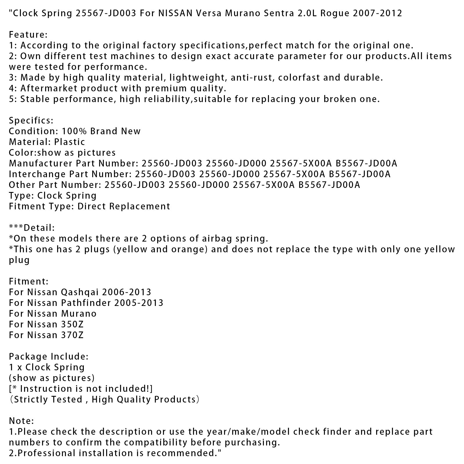 Clock Spring 25567-JD003 For NISSAN Versa Murano Sentra 2.0L Rogue 2007-2012