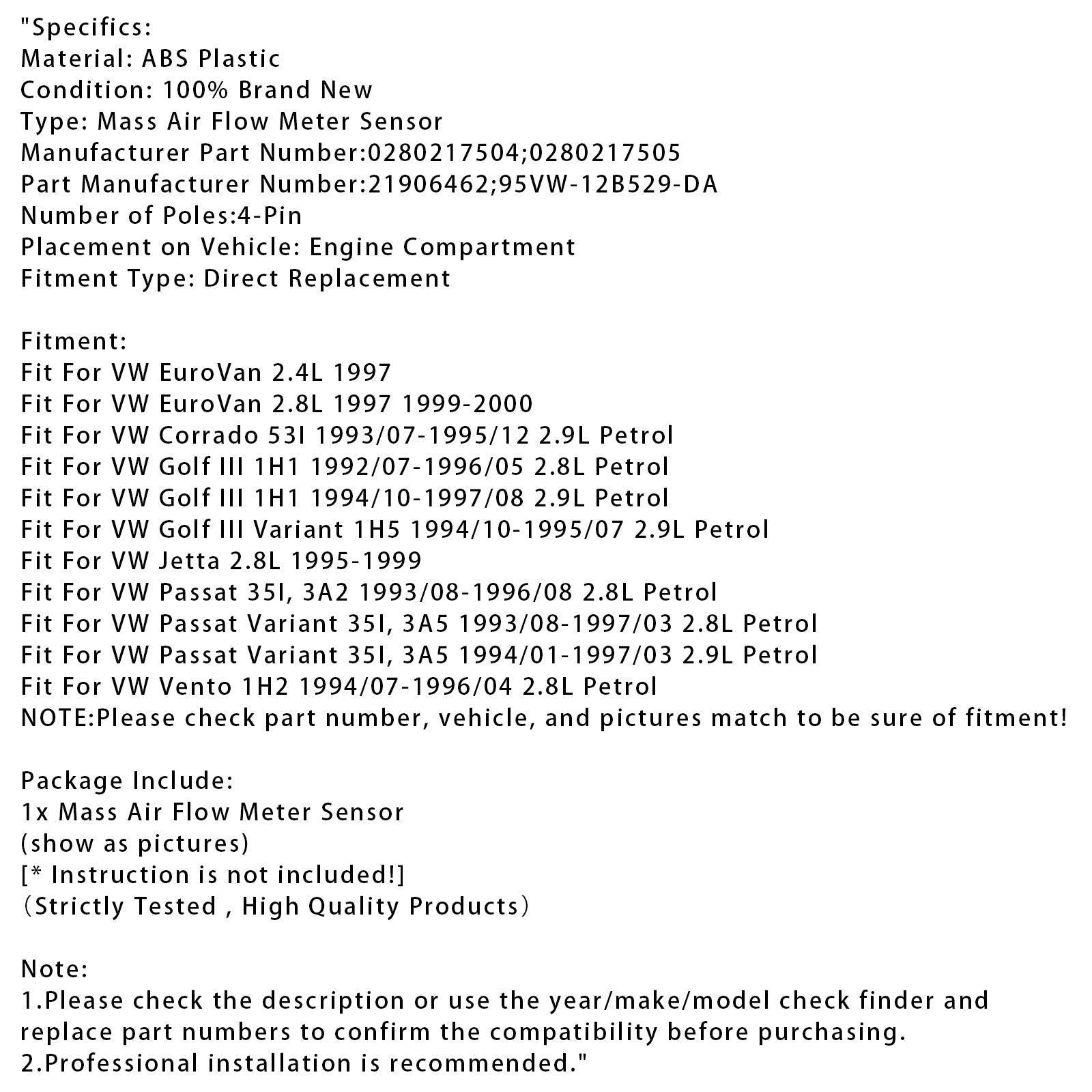 Mass Air Flow Meter Sensor For VW Golf III Corrado VR6 0280217504