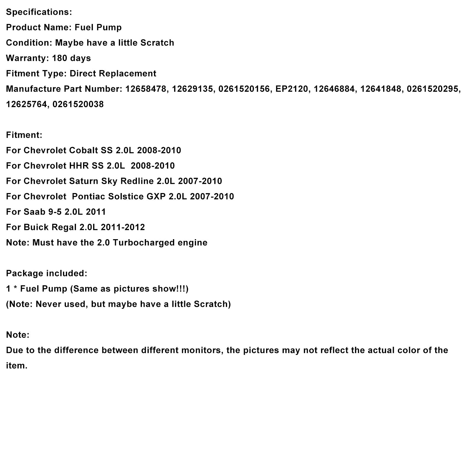2011-2012 Buick Regal 2.0L High Pressure Fuel Pump 12658478 12629135 0261520038