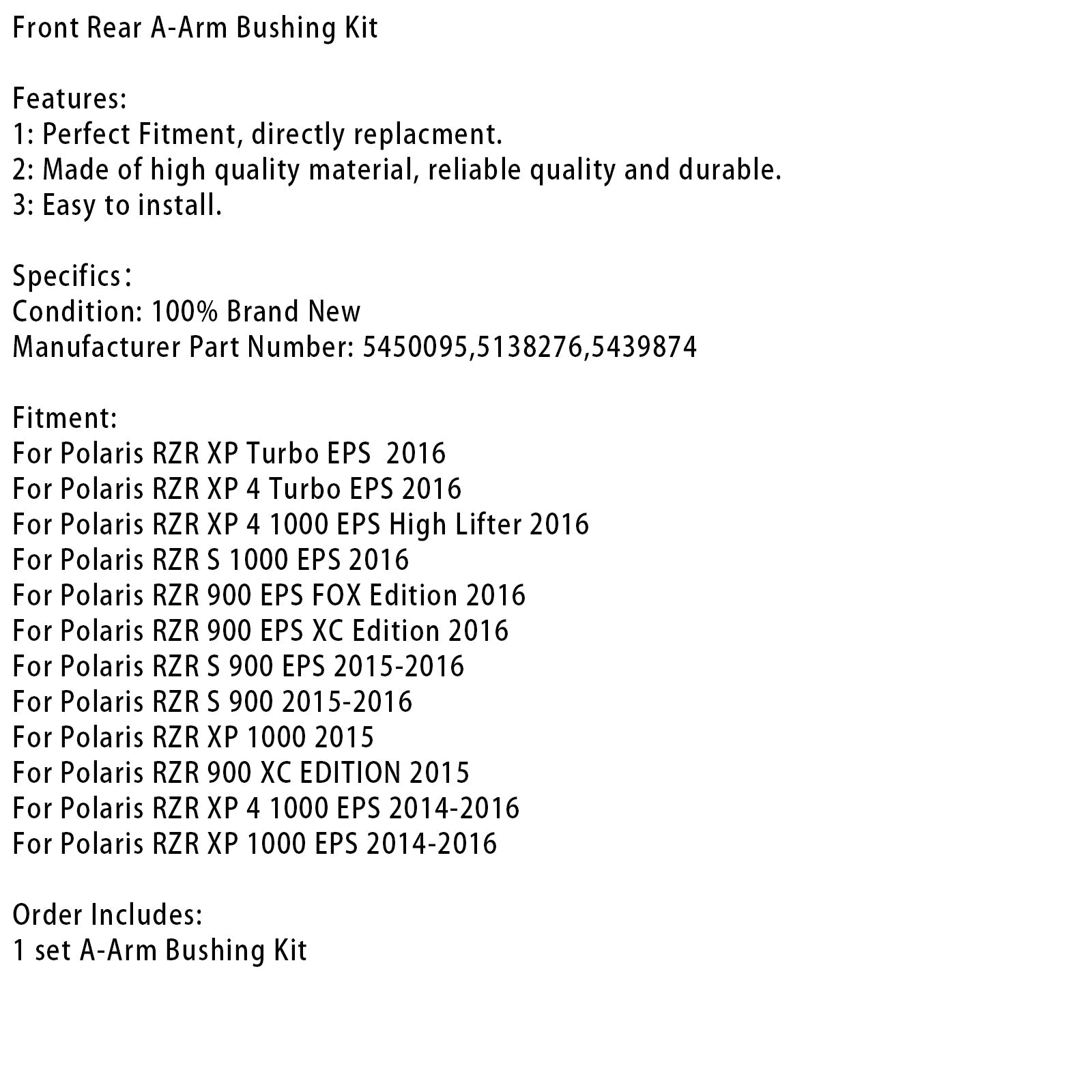 Front Rear Control Arm Bushing Kit For Polaris RZR 900 EPS 1000 XP 4 14-16