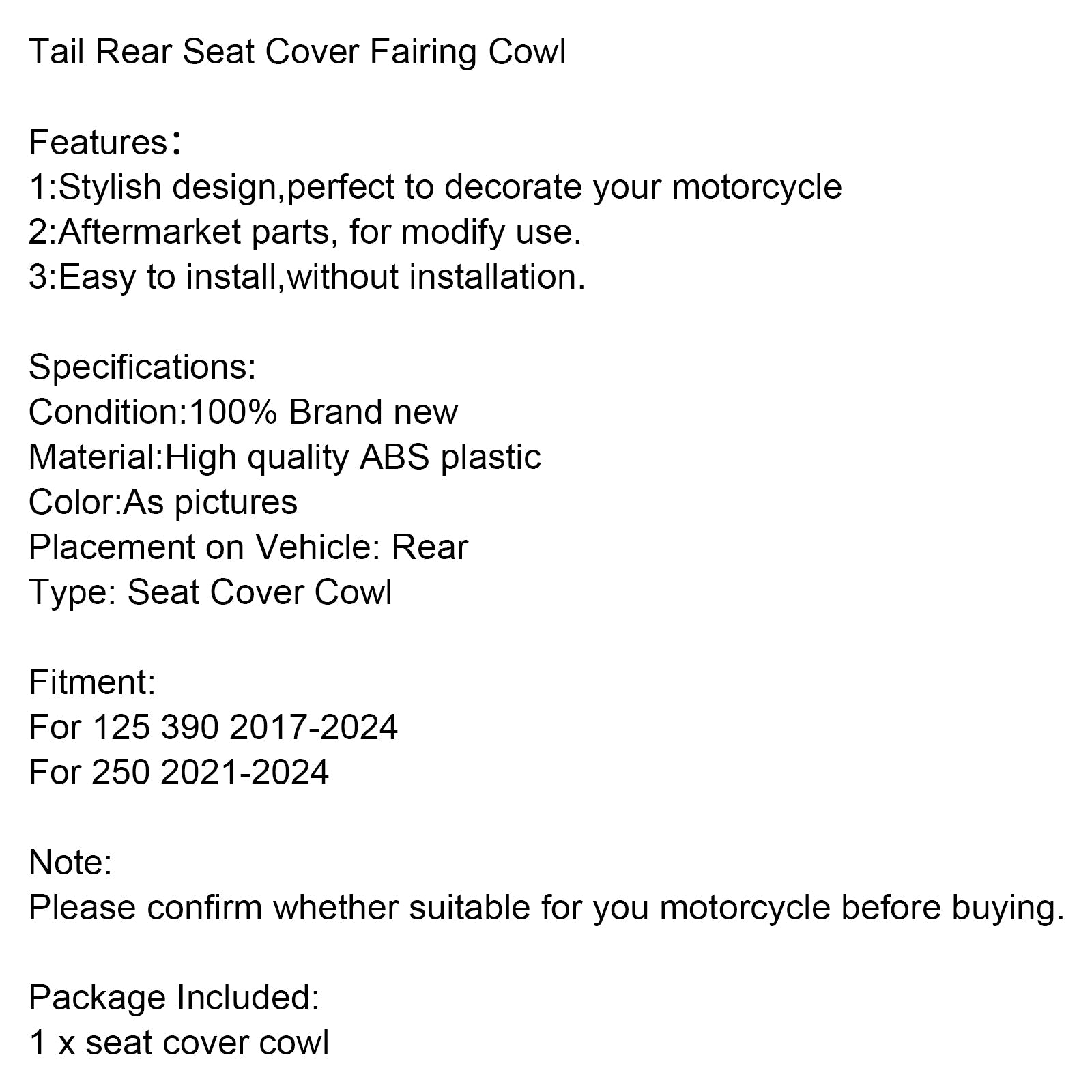 Tail Rear Seat Cover Fairing Cowl For 125 250 390 2017-2023