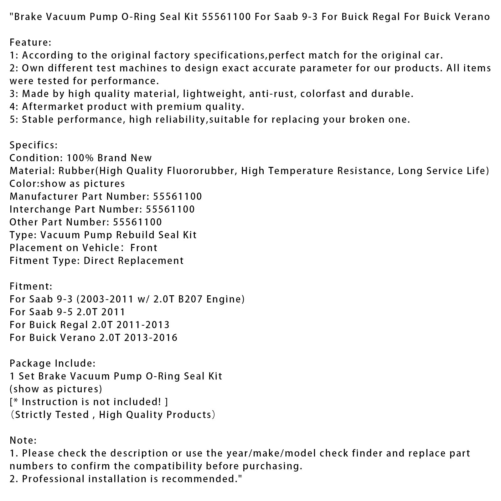 Vacuum Pump O-Ring Seal Kit 55561100 For Saab 9-3 For Buick Regal