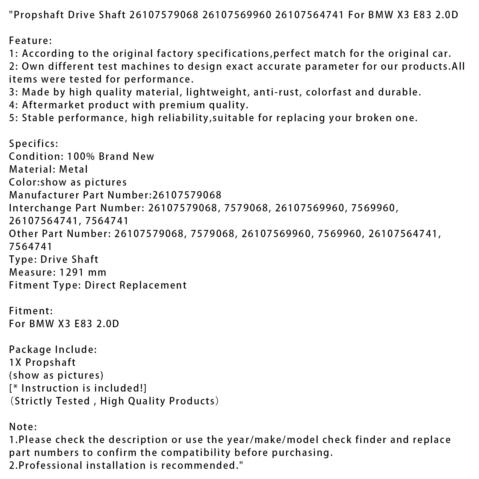 BMW X3 E83 2.0D Propshaft Drive Shaft 26107579068 26107569960 26107564741