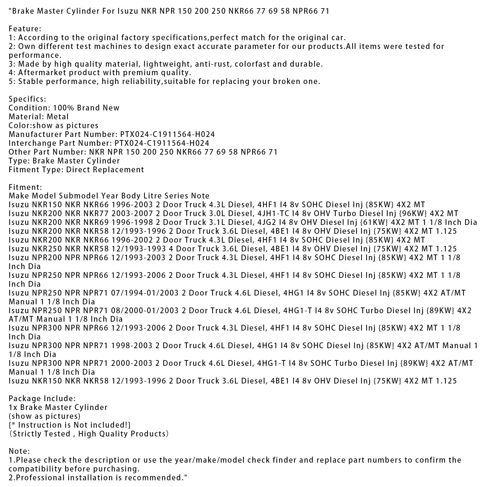 1996-1998 Isuzu NKR200 NKR NKR69 2 Door Truck 3.1L Diesel Brake Master Cylinder PTX024-C1911564-H024 NKR66